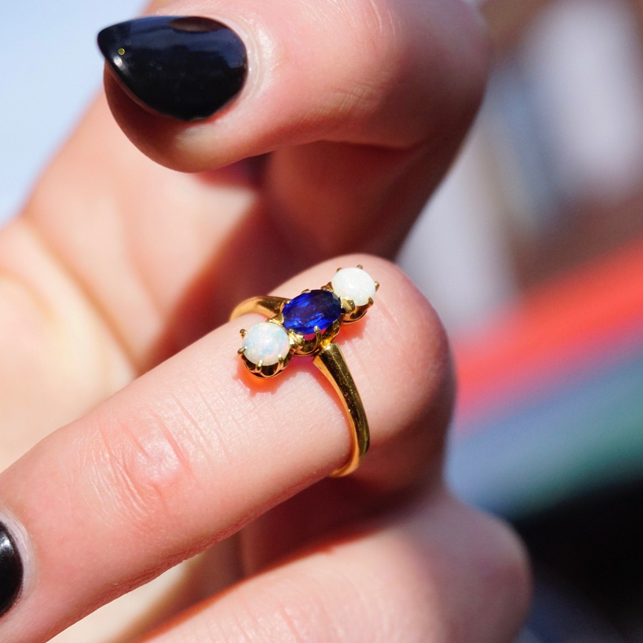 Vintage 14K Gold Synthetic Opal And Sapphire Ring, Beautiful 3-Stone Ring With Vertical Setting, Iridescent Gold Ring With Blue Stone, 14K