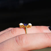 Vintage 14K Gold Synthetic Opal And Sapphire Ring, Beautiful 3-Stone Ring With Vertical Setting, Iridescent Gold Ring With Blue Stone, 14K
