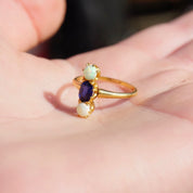 Vintage 14K Gold Synthetic Opal And Sapphire Ring, Beautiful 3-Stone Ring With Vertical Setting, Iridescent Gold Ring With Blue Stone, 14K