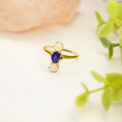 Vintage 14K Gold Synthetic Opal And Sapphire Ring, Beautiful 3-Stone Ring With Vertical Setting, Iridescent Gold Ring With Blue Stone, 14K