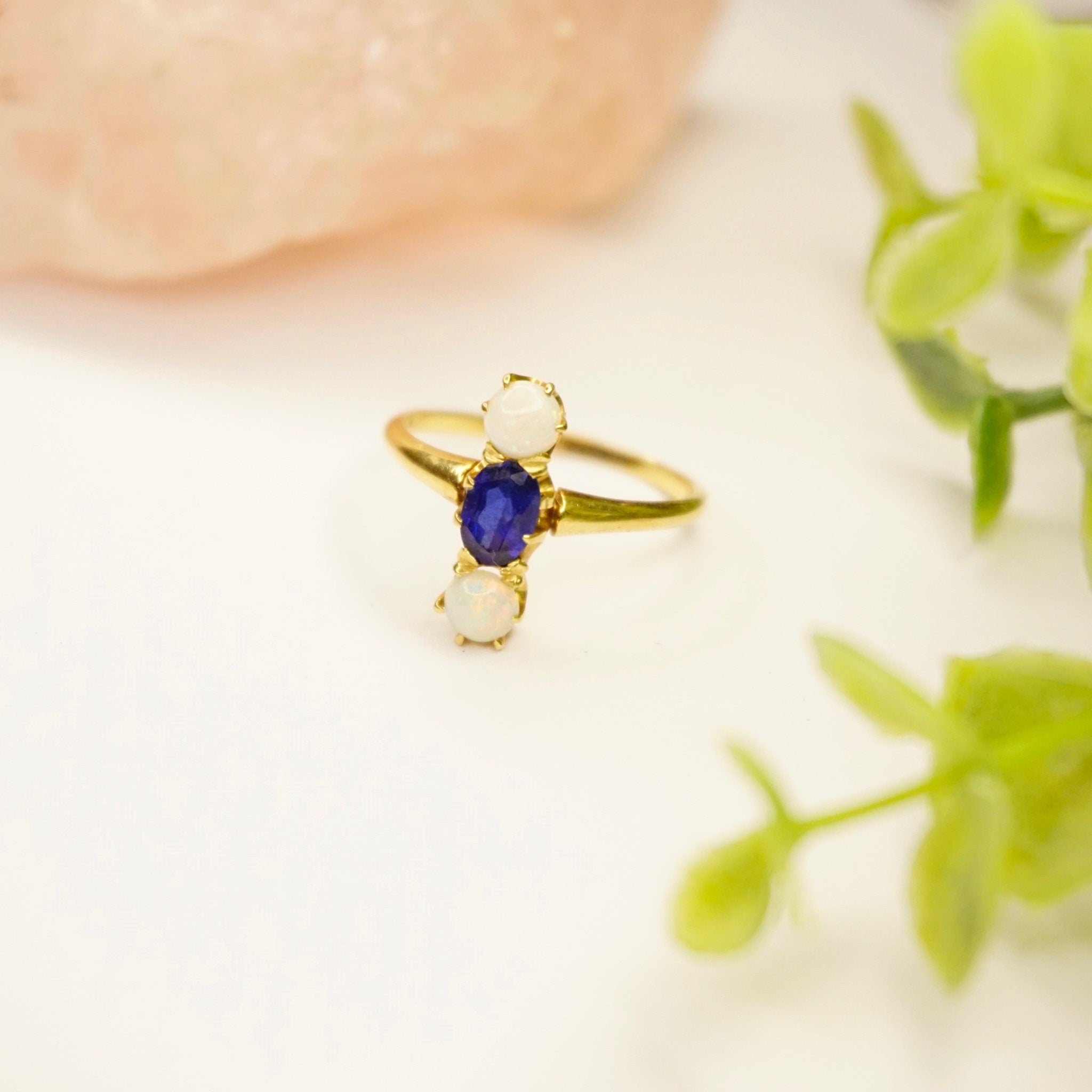 Vintage 14K Gold Synthetic Opal And Sapphire Ring, Beautiful 3-Stone Ring With Vertical Setting, Iridescent Gold Ring With Blue Stone, 14K