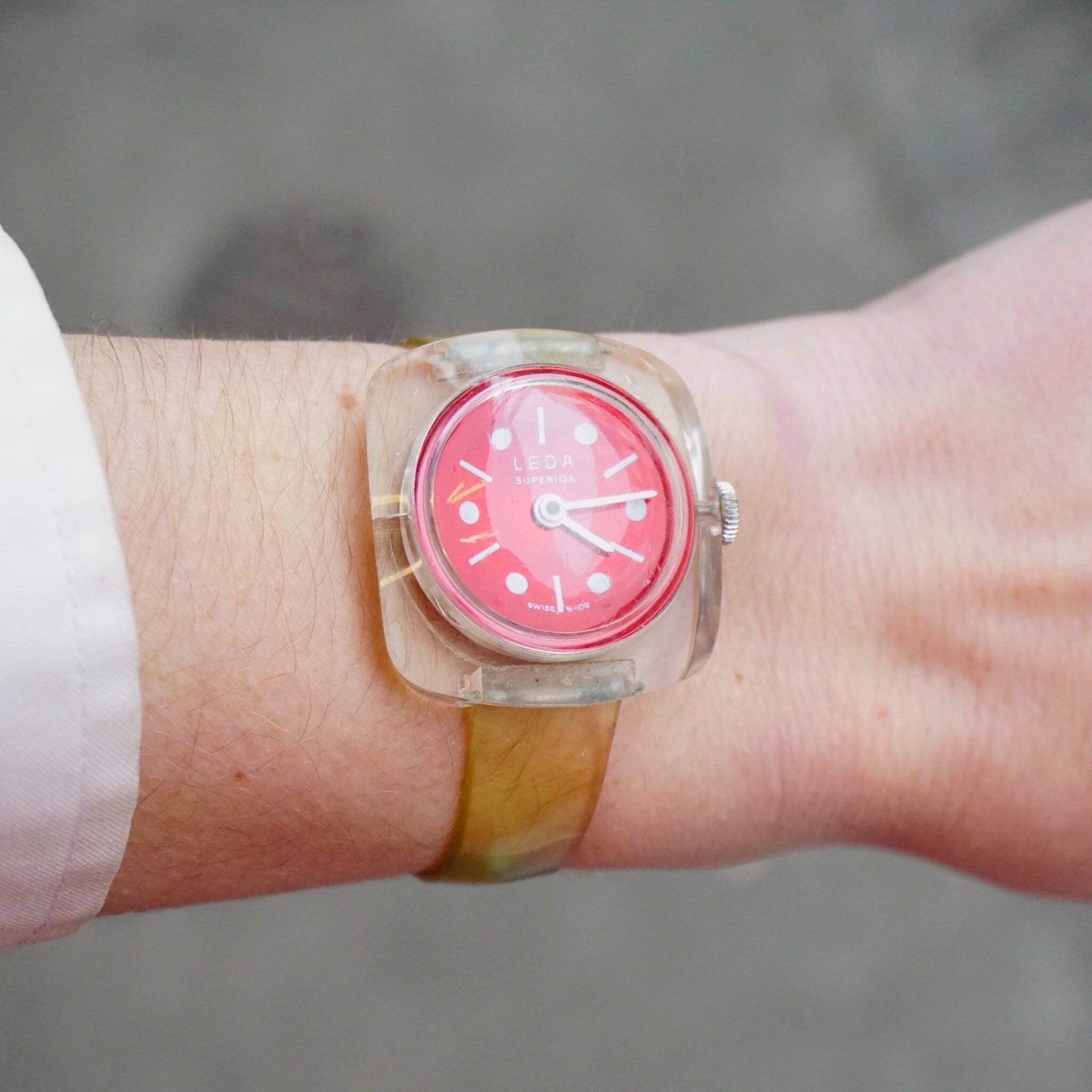 Vintage Leda Superior Swiss Made Watch, 1960's Analog Watch With Red Dial and Bubble Crystal, Unique Manual Wind-Up Watch, Working Condition