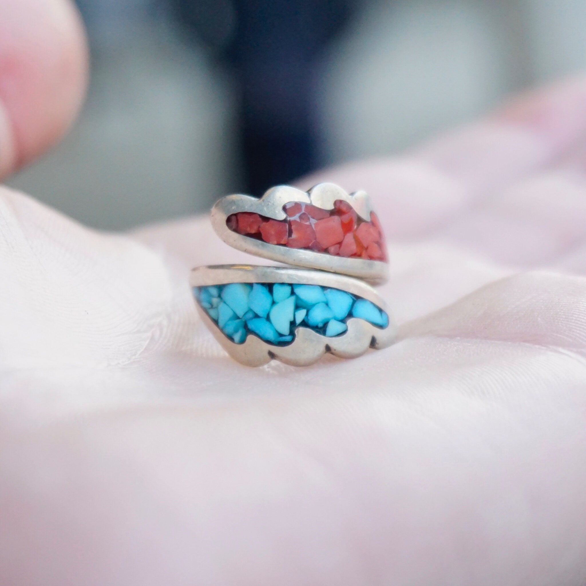 Vintage Turquoise & Coral Mosaic Ring, Silver Wrap Ring With Inlaid Turquoise And Coral, Adjustable Silver Ring, Native American Jewelry