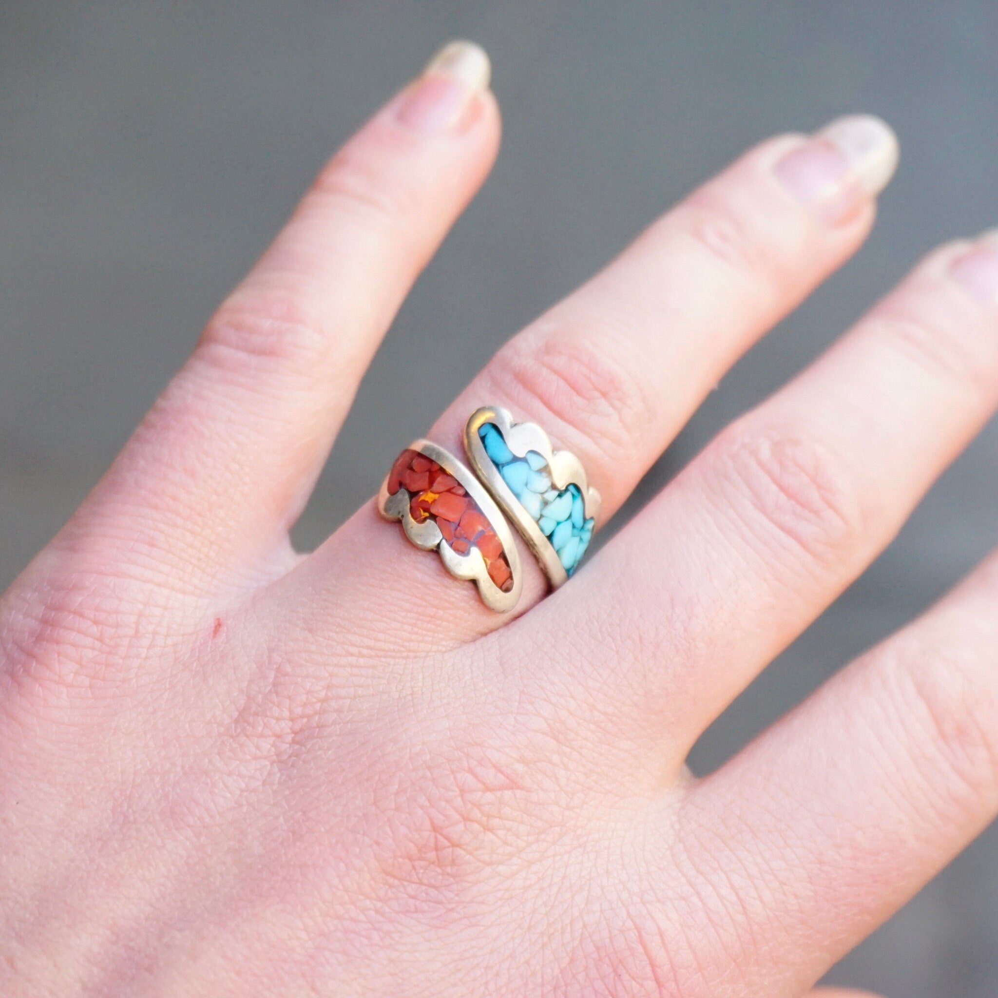 Vintage Turquoise & Coral Mosaic Ring, Silver Wrap Ring With Inlaid Turquoise And Coral, Adjustable Silver Ring, Native American Jewelry