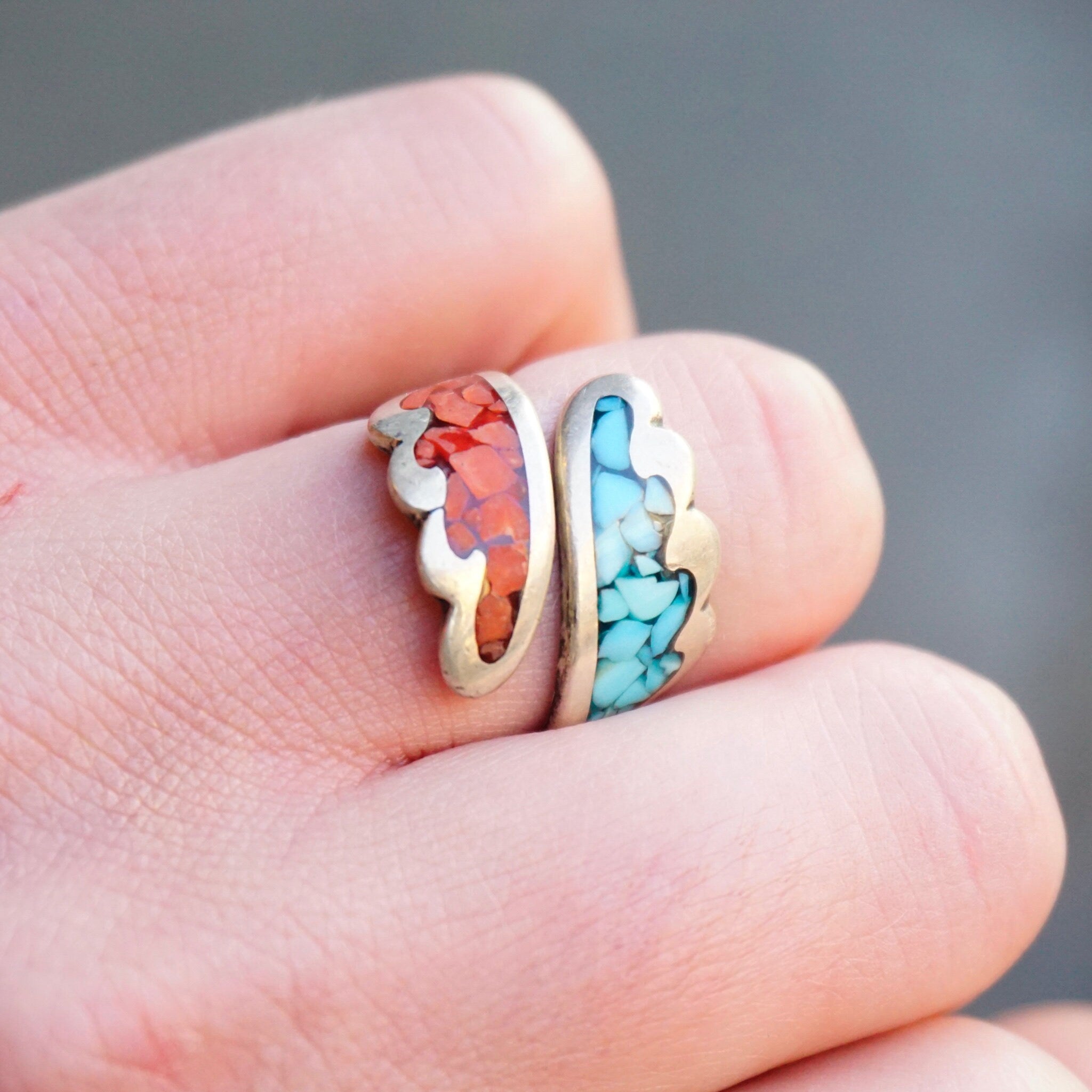 Vintage Turquoise & Coral Mosaic Ring, Silver Wrap Ring With Inlaid Turquoise And Coral, Adjustable Silver Ring, Native American Jewelry