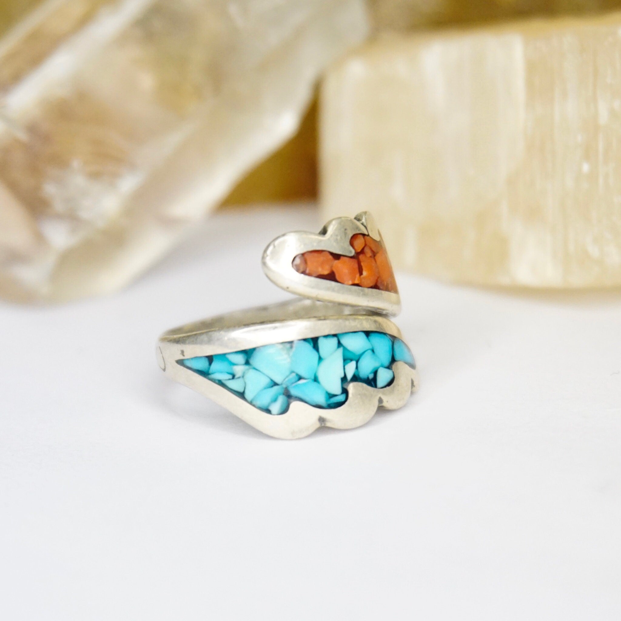 Vintage Turquoise & Coral Mosaic Ring, Silver Wrap Ring With Inlaid Turquoise And Coral, Adjustable Silver Ring, Native American Jewelry