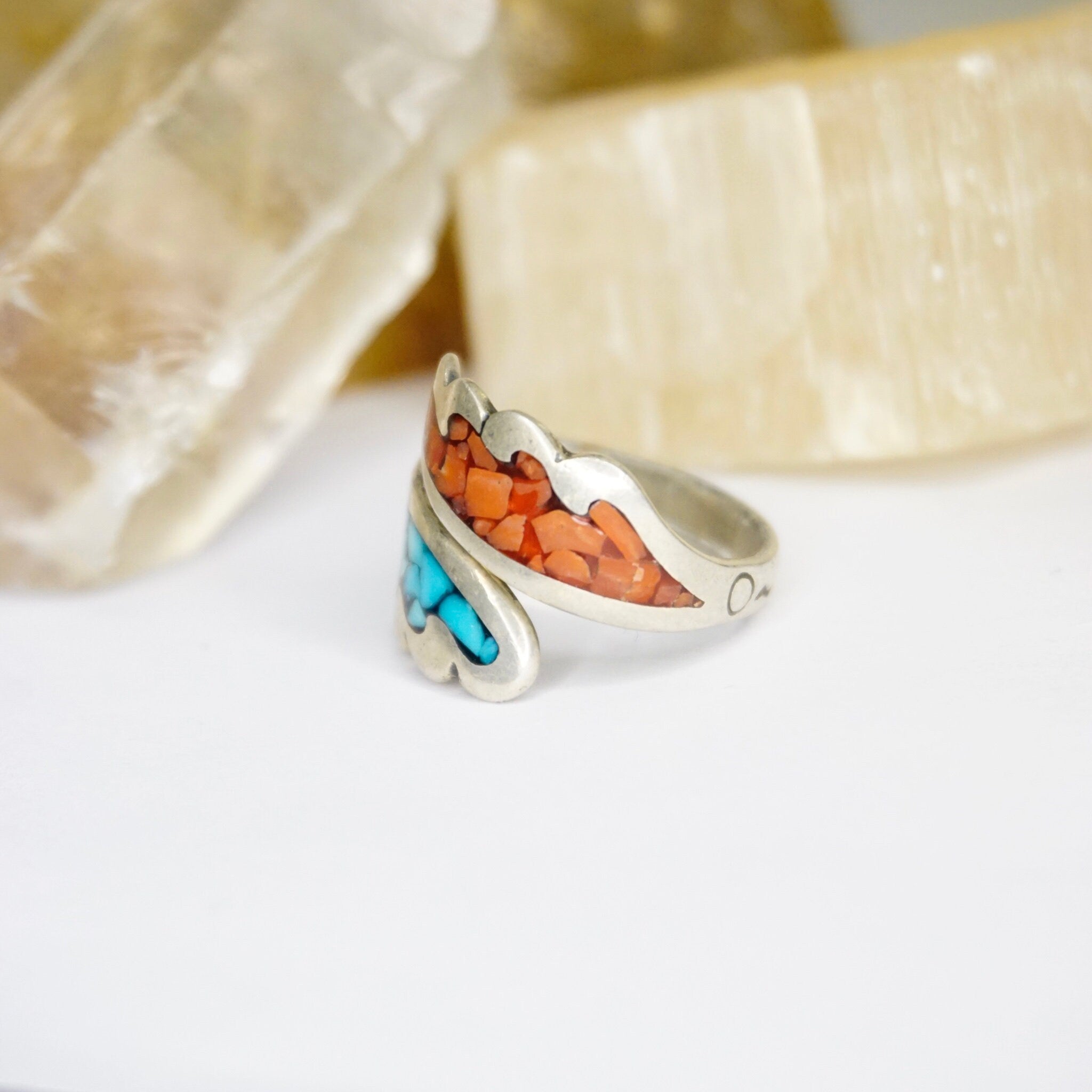 Vintage Turquoise & Coral Mosaic Ring, Silver Wrap Ring With Inlaid Turquoise And Coral, Adjustable Silver Ring, Native American Jewelry
