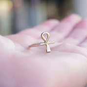 Vintage Sterling Silver Ankh Ring on open palm, Egyptian Ankh Cross Symbol, Thin 925 Silver Hieroglyphic Petite Ring