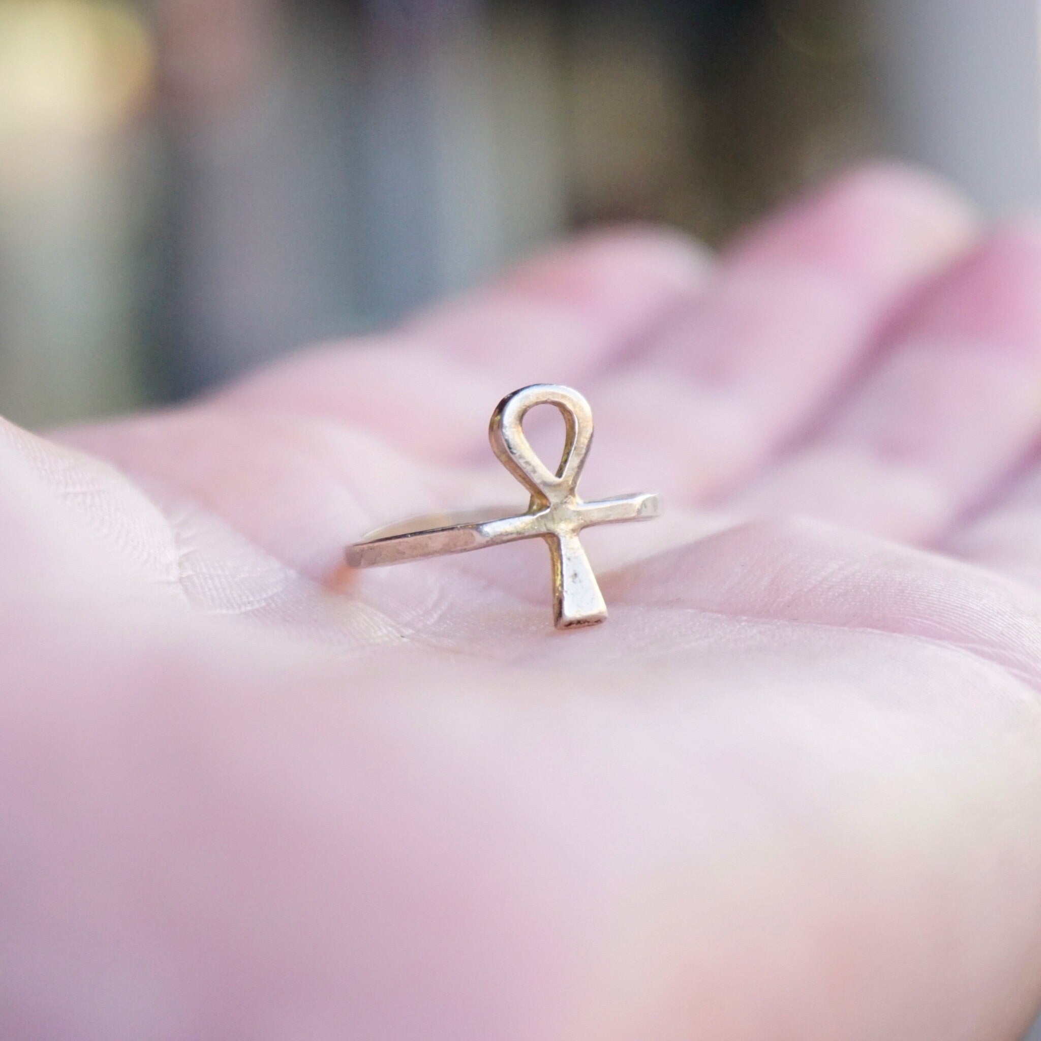 Vintage Sterling Silver Ankh Ring on open palm, Egyptian Ankh Cross Symbol, Thin 925 Silver Hieroglyphic Petite Ring