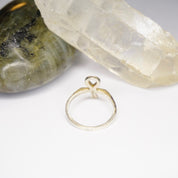 Vintage sterling silver ankh ring with Egyptian hieroglyphic symbol on a white background next to a green quartz crystal point