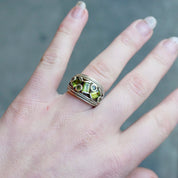 Vintage Sterling Silver Ring With Green Jewels, Thick Silver Ring With Multiple Green Stones, Round and Baguette Cut Glass Ring, 925 Jewelry