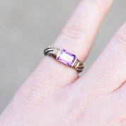 Vintage Sterling Silver Ring With Purple Stone/Glass, Textured Silver Ring With Gold Toned Setting and Baguette Cut Stone, 925 Jewelry