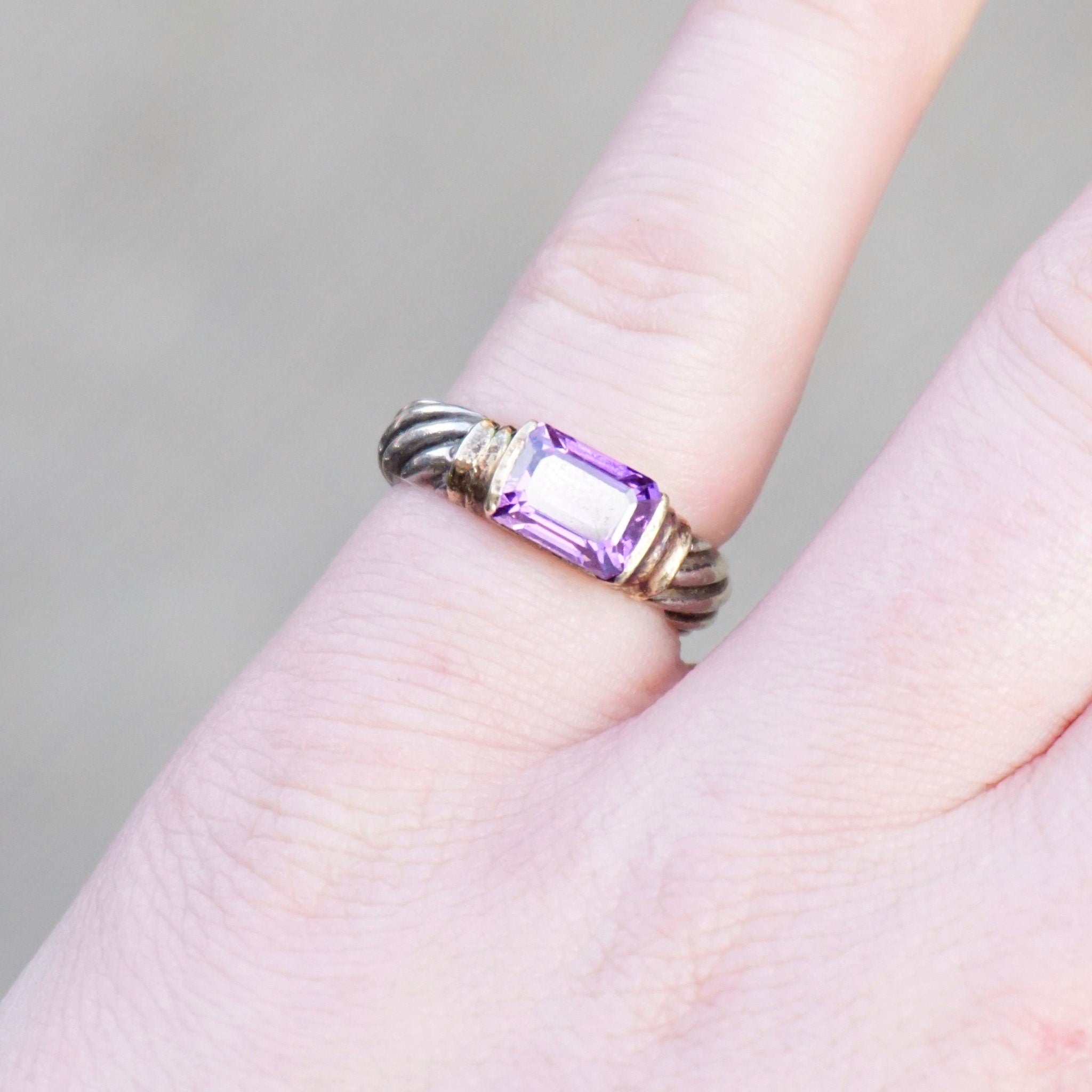 Vintage Sterling Silver Ring With Purple Stone/Glass, Textured Silver Ring With Gold Toned Setting and Baguette Cut Stone, 925 Jewelry