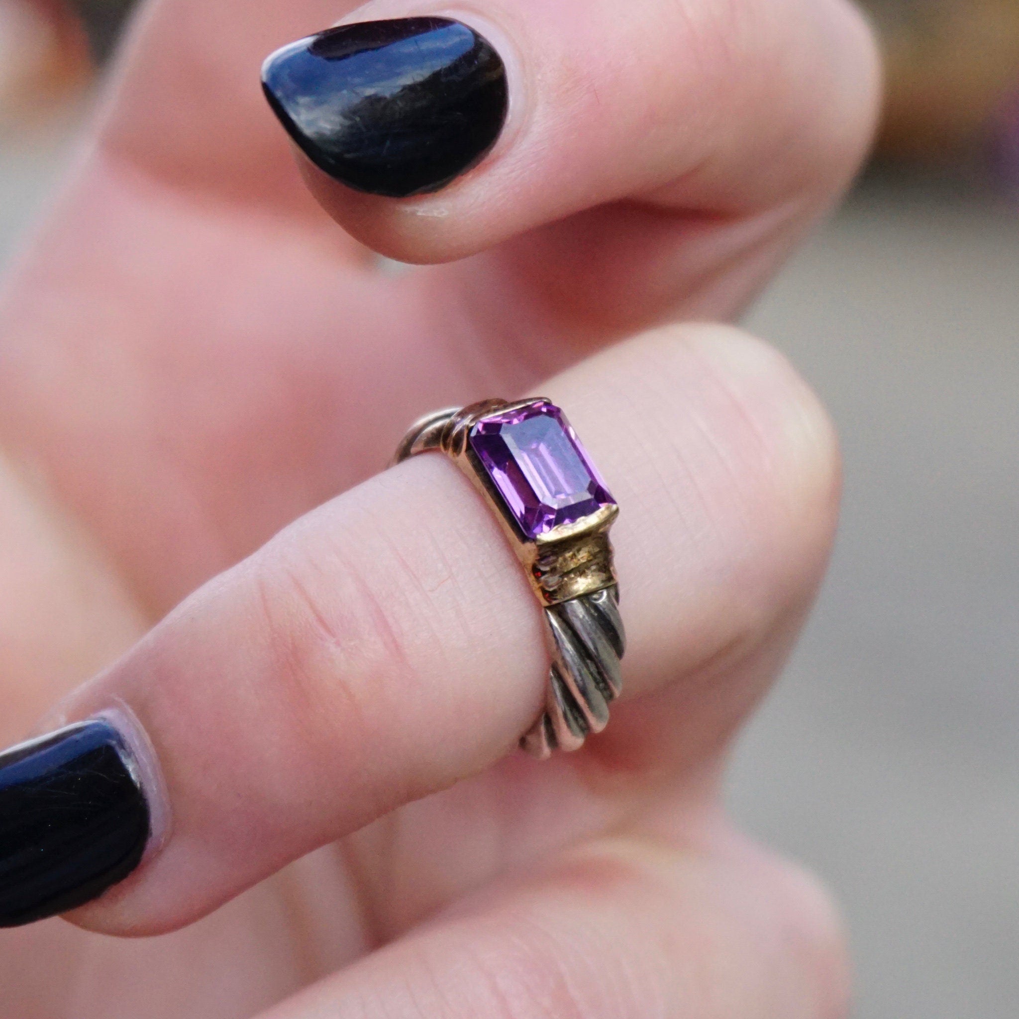 Vintage Sterling Silver Ring With Purple Stone/Glass, Textured Silver Ring With Gold Toned Setting and Baguette Cut Stone, 925 Jewelry