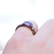 Vintage Sterling Silver Ring With Purple Stone/Glass, Textured Silver Ring With Gold Toned Setting and Baguette Cut Stone, 925 Jewelry
