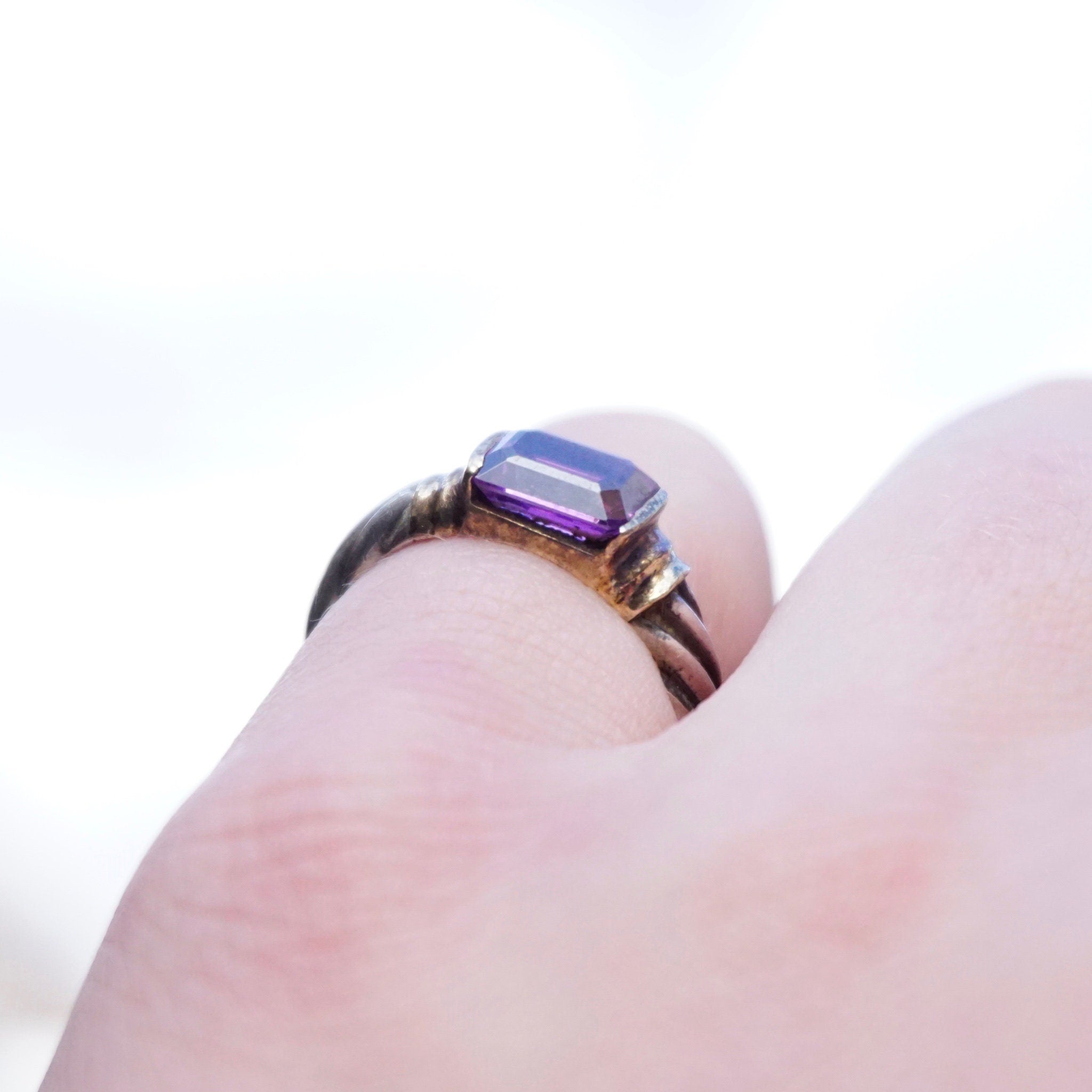 Vintage Sterling Silver Ring With Purple Stone/Glass, Textured Silver Ring With Gold Toned Setting and Baguette Cut Stone, 925 Jewelry