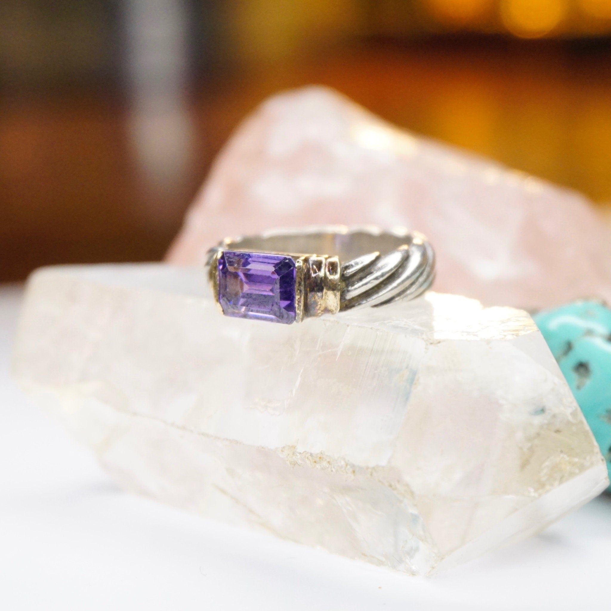 Glass, Textured Silver Ring With Gold Toned Setting and Baguette Cut Stone, 925 Jewelry