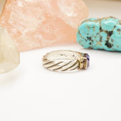Vintage Sterling Silver Ring With Purple Stone/Glass, Textured Silver Ring With Gold Toned Setting and Baguette Cut Stone, 925 Jewelry