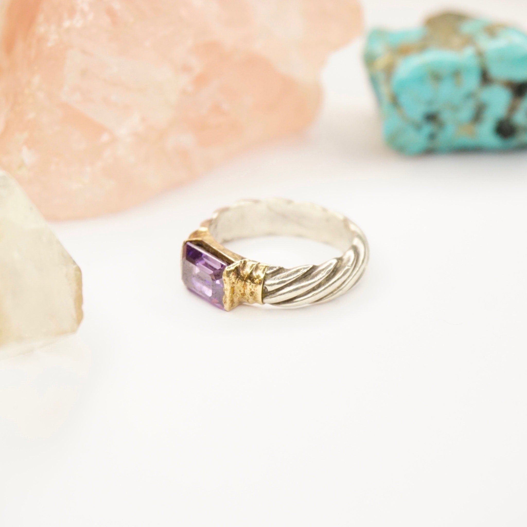 Vintage Sterling Silver Ring With Purple Stone/Glass, Textured Silver Ring With Gold Toned Setting and Baguette Cut Stone, 925 Jewelry