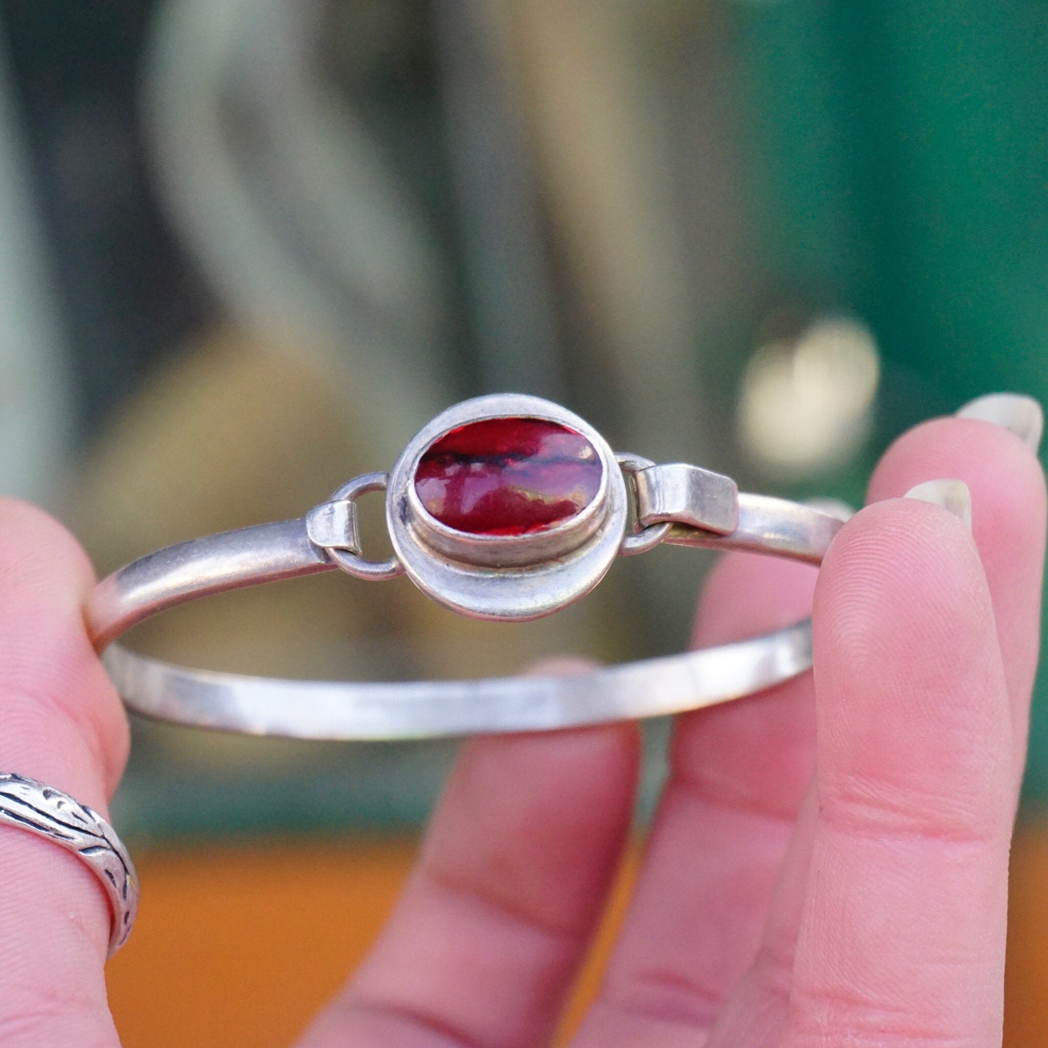 Vintage Red Jasper Sterling Silver Hinged Bangle, Silver Bracelet With Dark Red Stone, Modernist Silver Bangle Made In Mexico, 925 Jewelry
