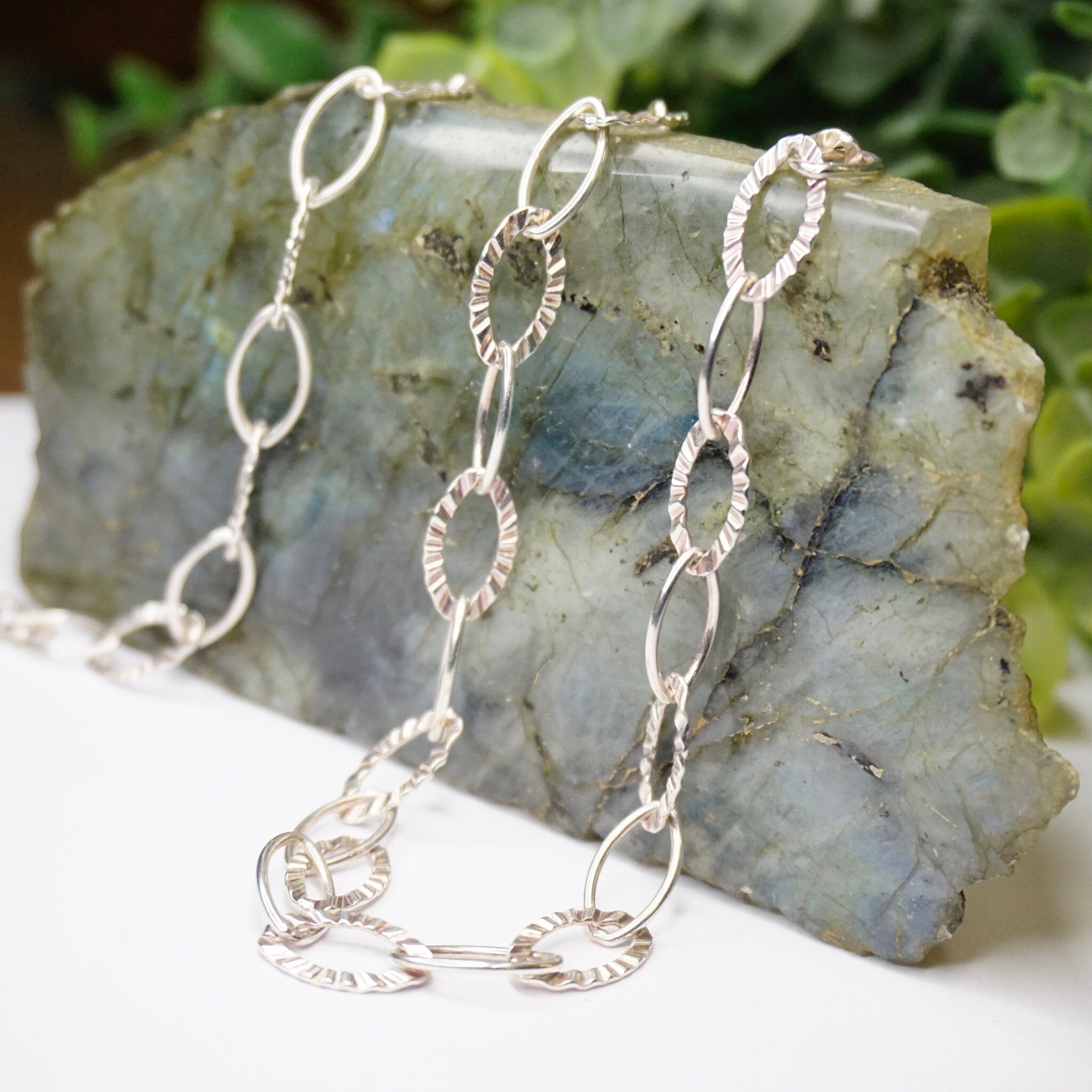 Vintage Sterling Silver Link Necklace, Minimalist Silver Chain Link Necklace, Textured Silver Necklace, 925 Jewelry