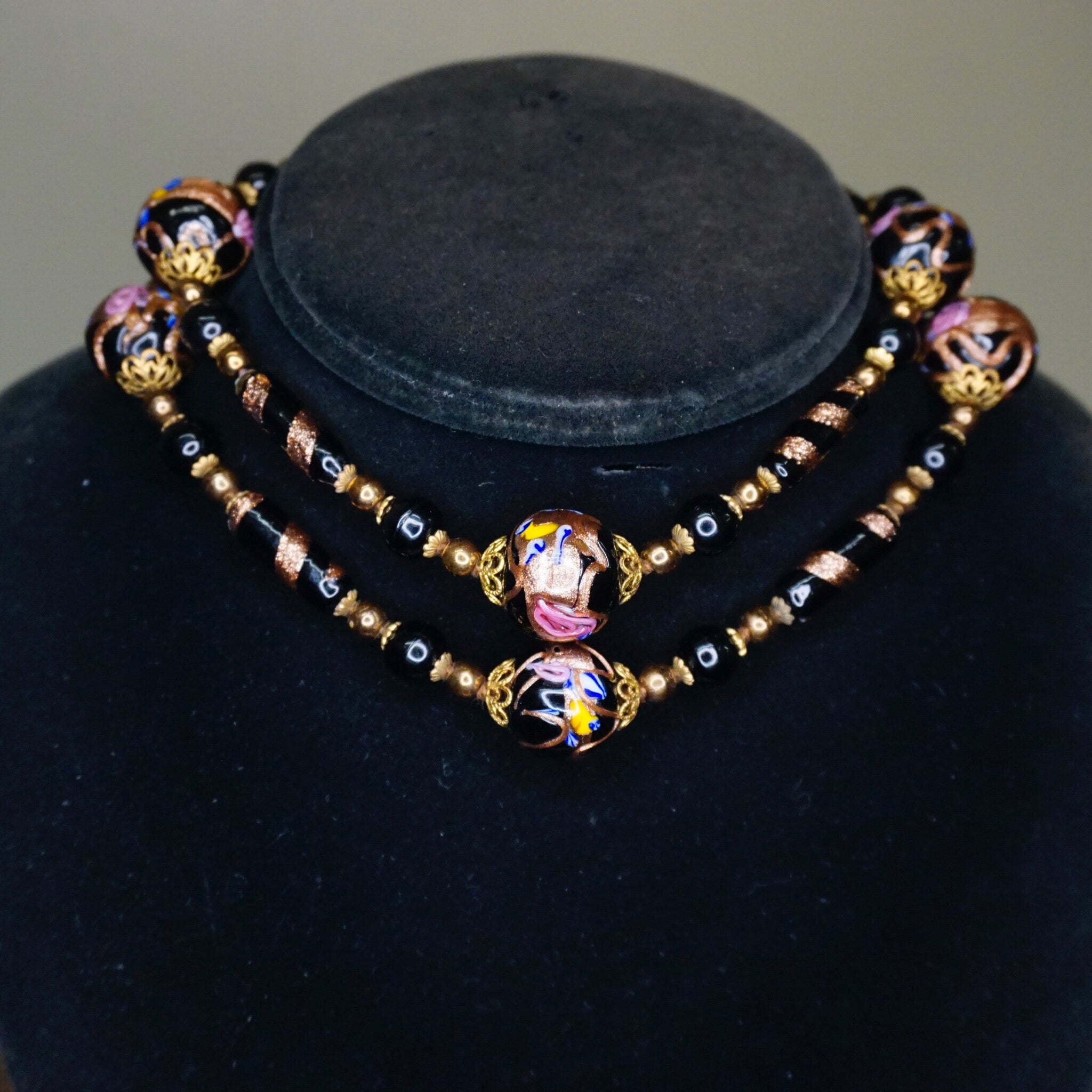 Vintage Wedding Cake Bead Necklace, Italian Venetian Murano Black Glass Bead Necklace, Pink Rose Wedding Cake Necklace, Beaded Jewelry