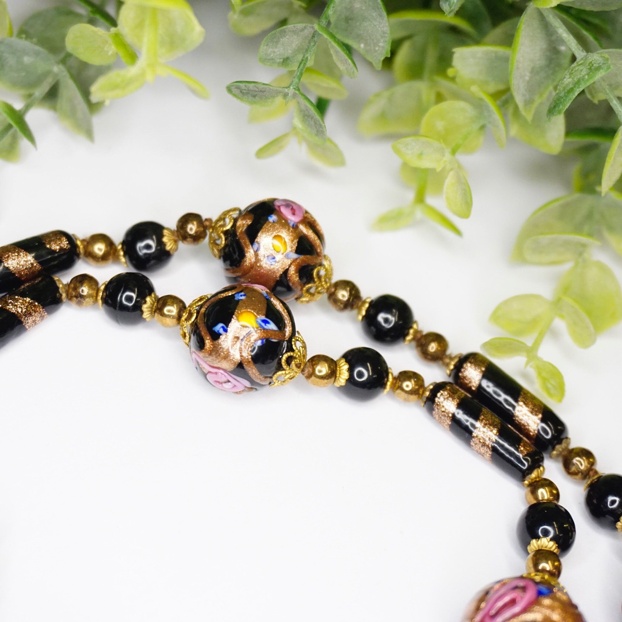 Vintage Wedding Cake Bead Necklace, Italian Venetian Murano Black Glass Bead Necklace, Pink Rose Wedding Cake Necklace, Beaded Jewelry