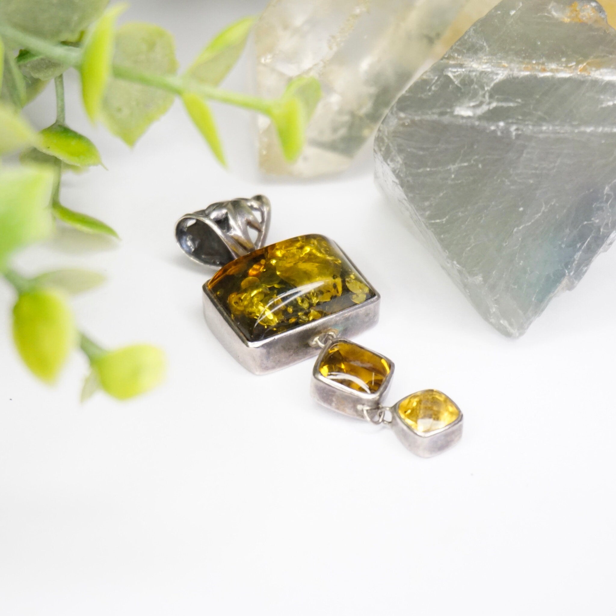 Vintage Lori Bonn Sterling Silver Amber & Citrine Pendant, 3-Tier Amber Pendant, Natural Amber With Beautiful Inclusions, 925 Jewelry