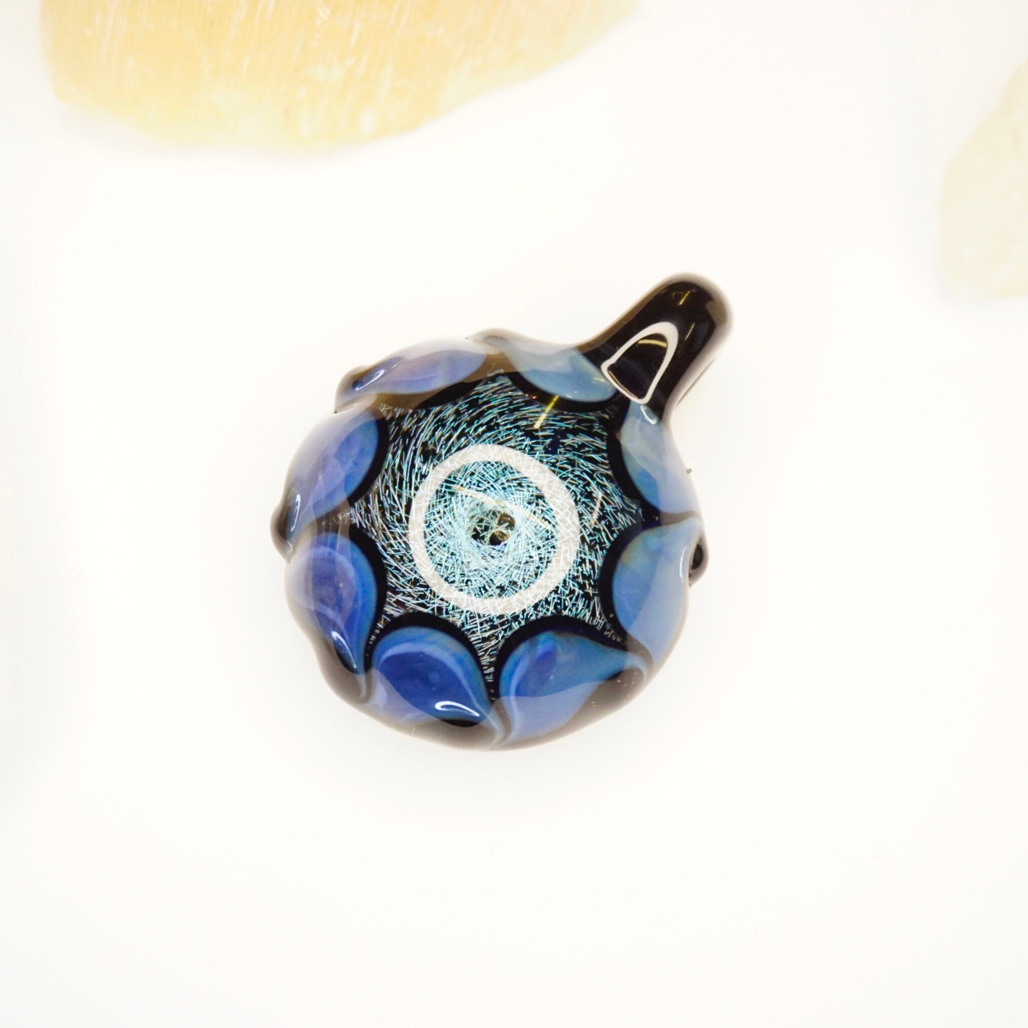 Blue and black artisan glass pendant with abstract fractals and modernist design