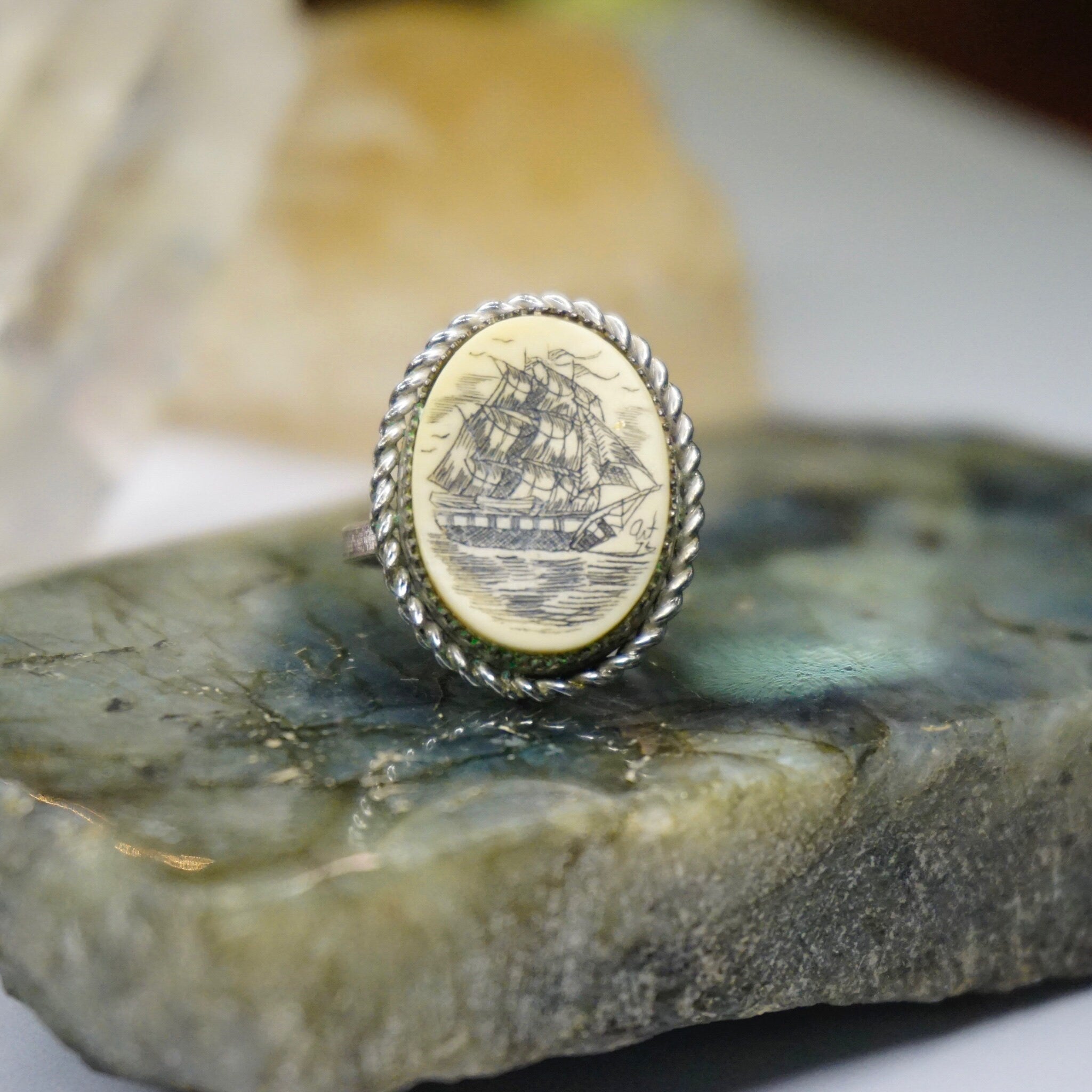 Vintage Sterling Silver Scrimshaw Ring, Carved Ship Ring With Woven Silver, Adjustable Sterling Silver Ring, Scrimshaw Jewelry, 925