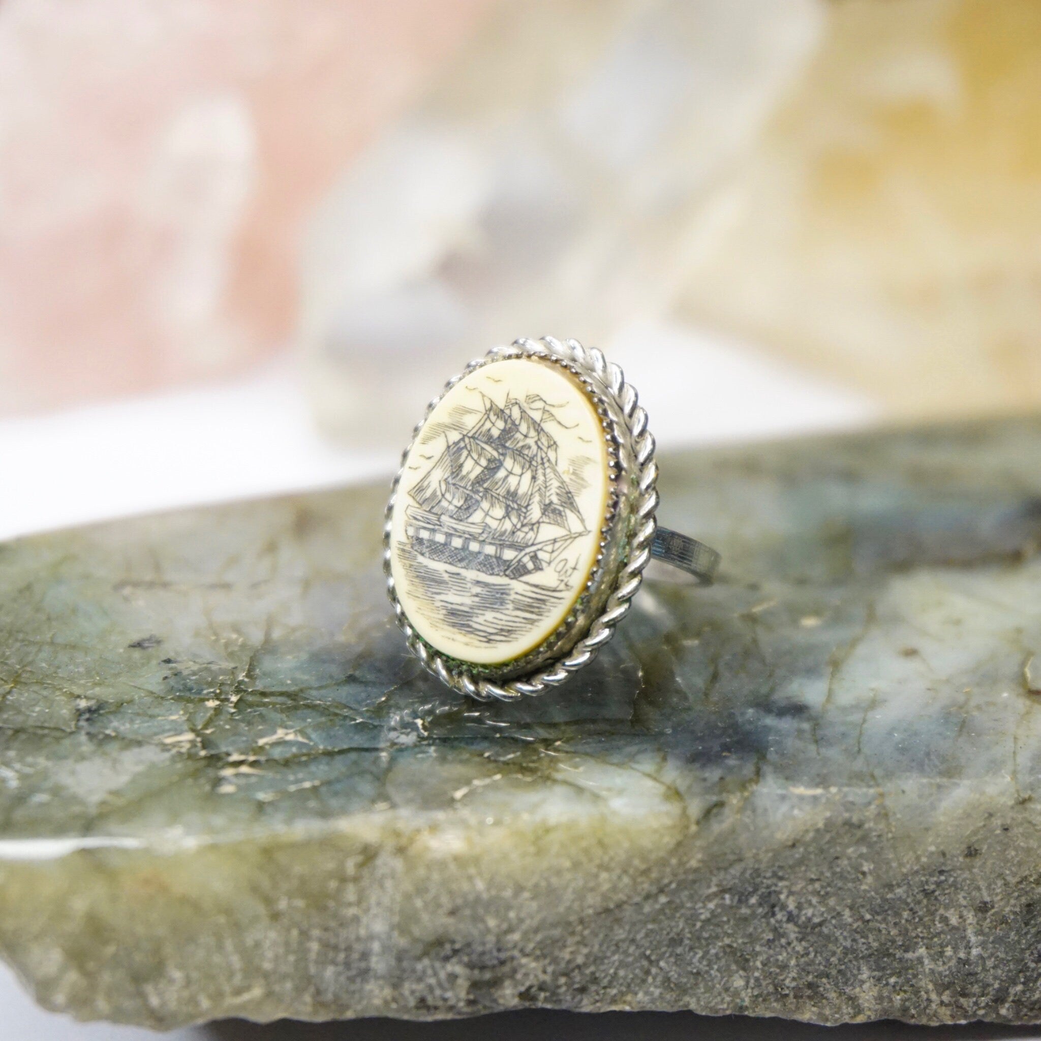 Vintage Sterling Silver Scrimshaw Ring, Carved Ship Ring With Woven Silver, Adjustable Sterling Silver Ring, Scrimshaw Jewelry, 925