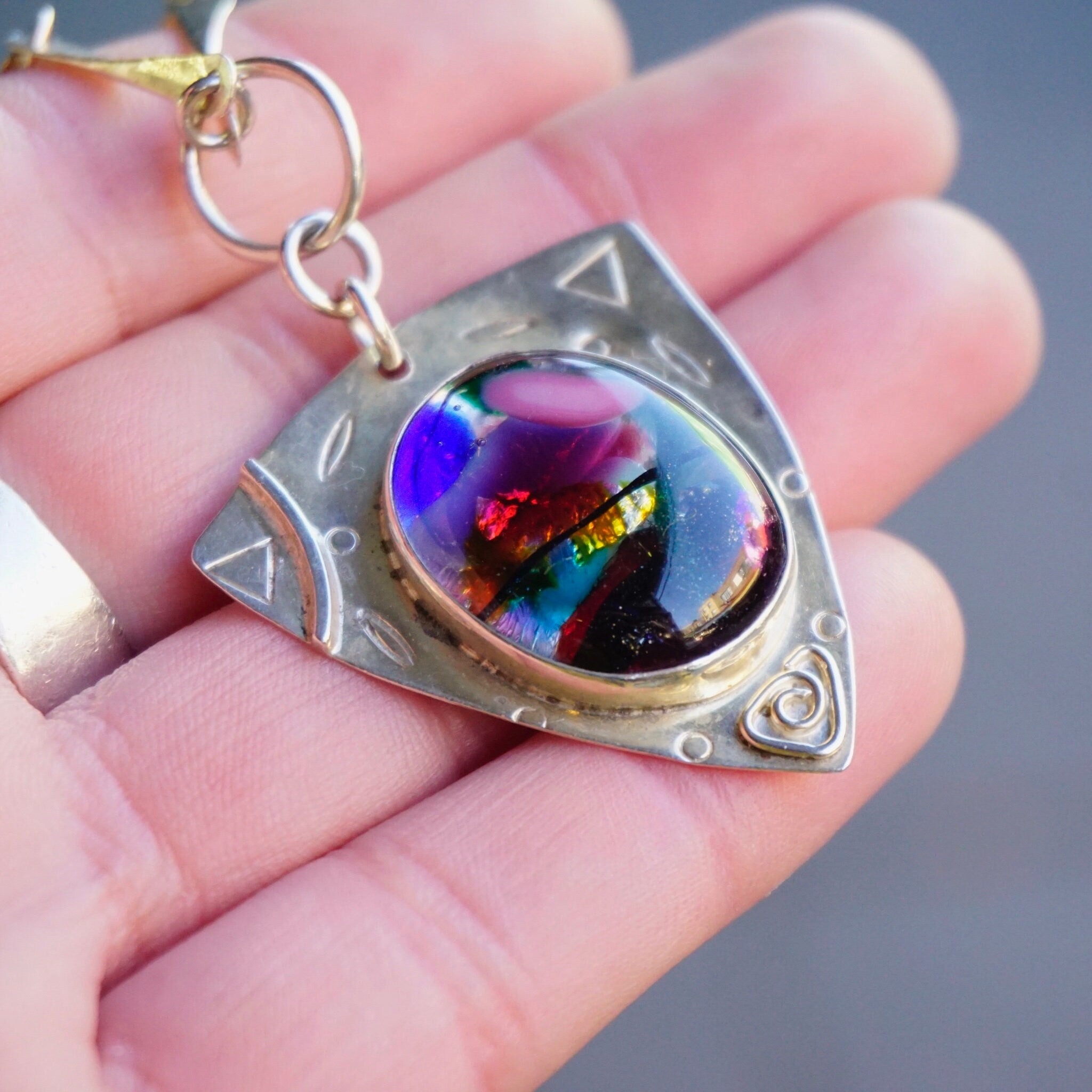 Vintage Sucherman Sterling Silver Art Glass Pendant Necklace, Modernist Silver Necklace With Colorful Glass Pendant, Barbara Sucherman 925