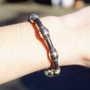Vintage Sterling Silver and Leather Bracelet, TAXCO 925 Silver Bead Bracelet, Modernist Leather and Silver Bracelet, 925 Jewelry