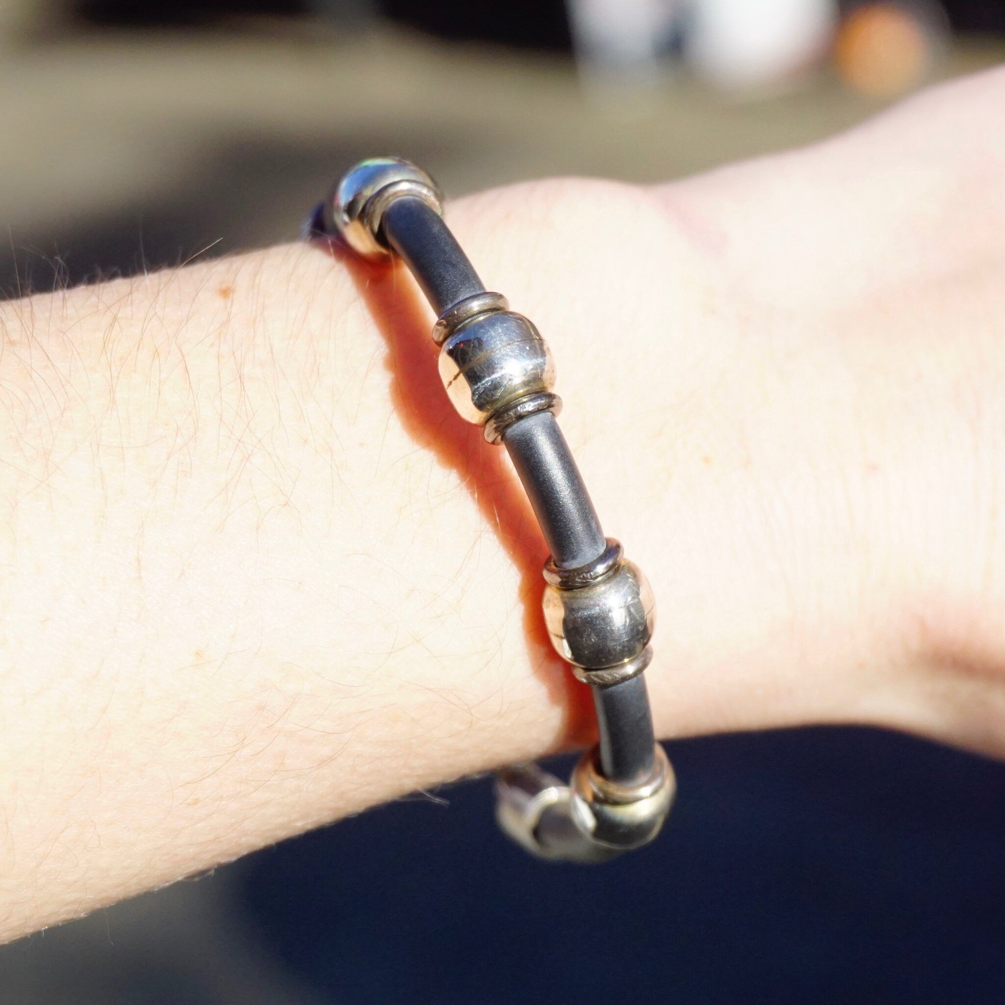 Vintage Sterling Silver and Leather Bracelet, TAXCO 925 Silver Bead Bracelet, Modernist Leather and Silver Bracelet, 925 Jewelry
