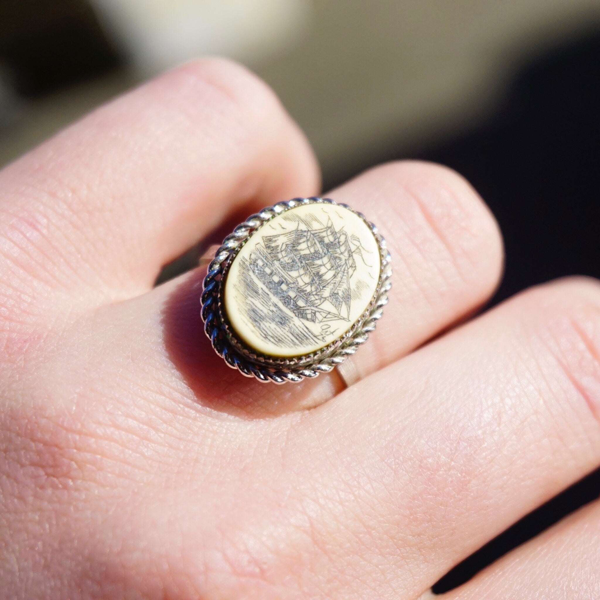 Vintage Sterling Silver Scrimshaw Ring, Carved Ship Ring With Woven Silver, Adjustable Sterling Silver Ring, Scrimshaw Jewelry, 925