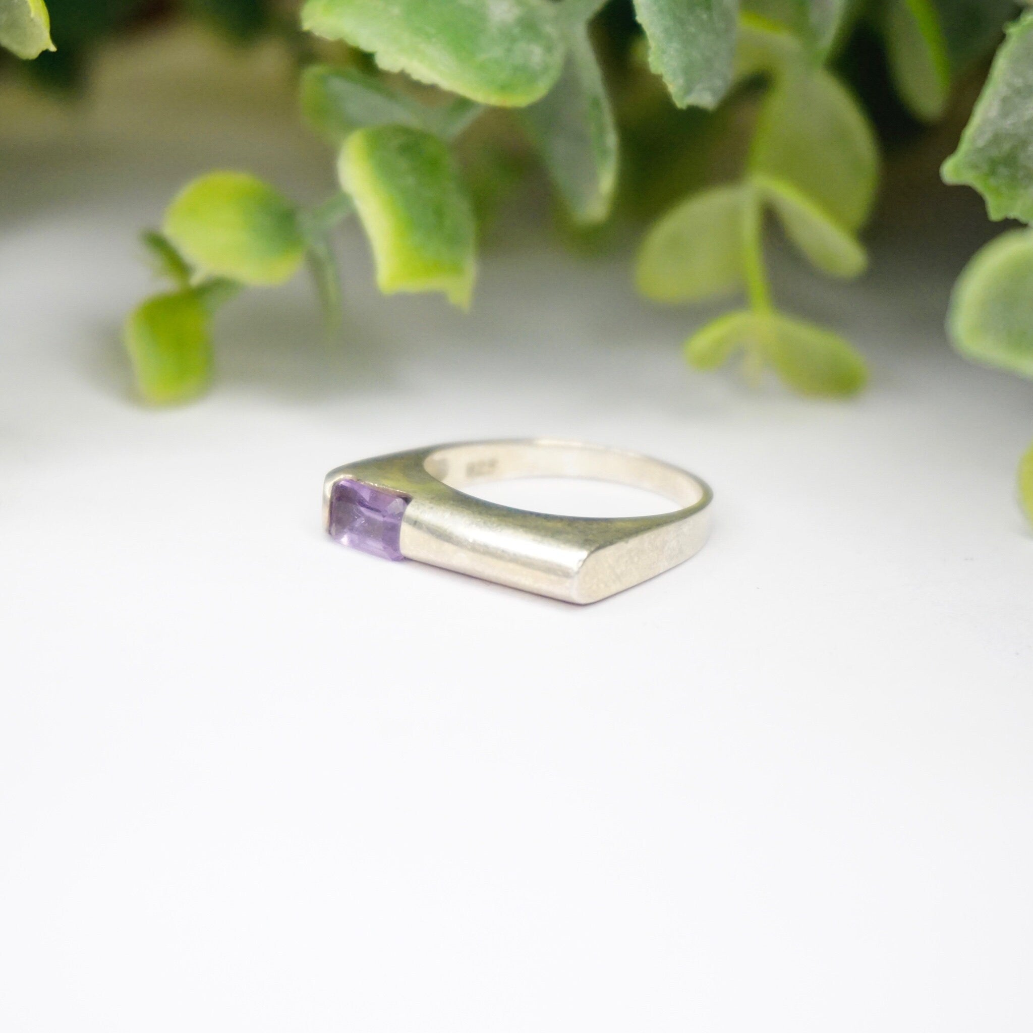 Vintage Sterling Silver Ring With Offset Gem, Modern Square Ring With Purple Stone, Unique Silver Ring With Emerald Cut Glass, 925 Jewelry