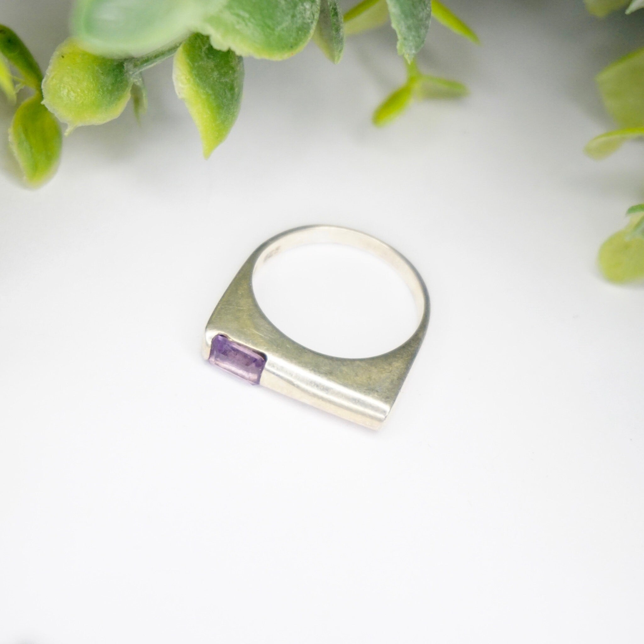 Vintage Sterling Silver Ring With Offset Gem, Modern Square Ring With Purple Stone, Unique Silver Ring With Emerald Cut Glass, 925 Jewelry