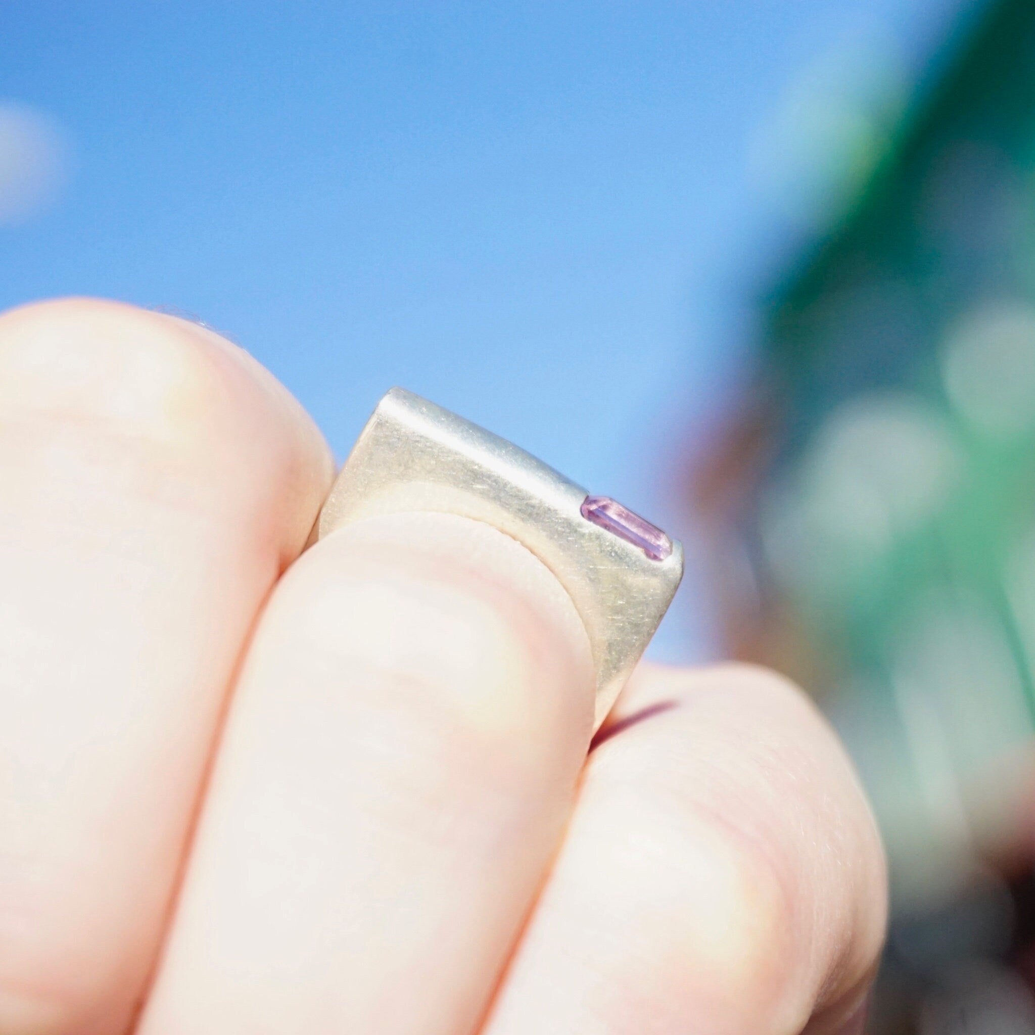 Vintage Sterling Silver Ring With Offset Gem, Modern Square Ring With Purple Stone, Unique Silver Ring With Emerald Cut Glass, 925 Jewelry