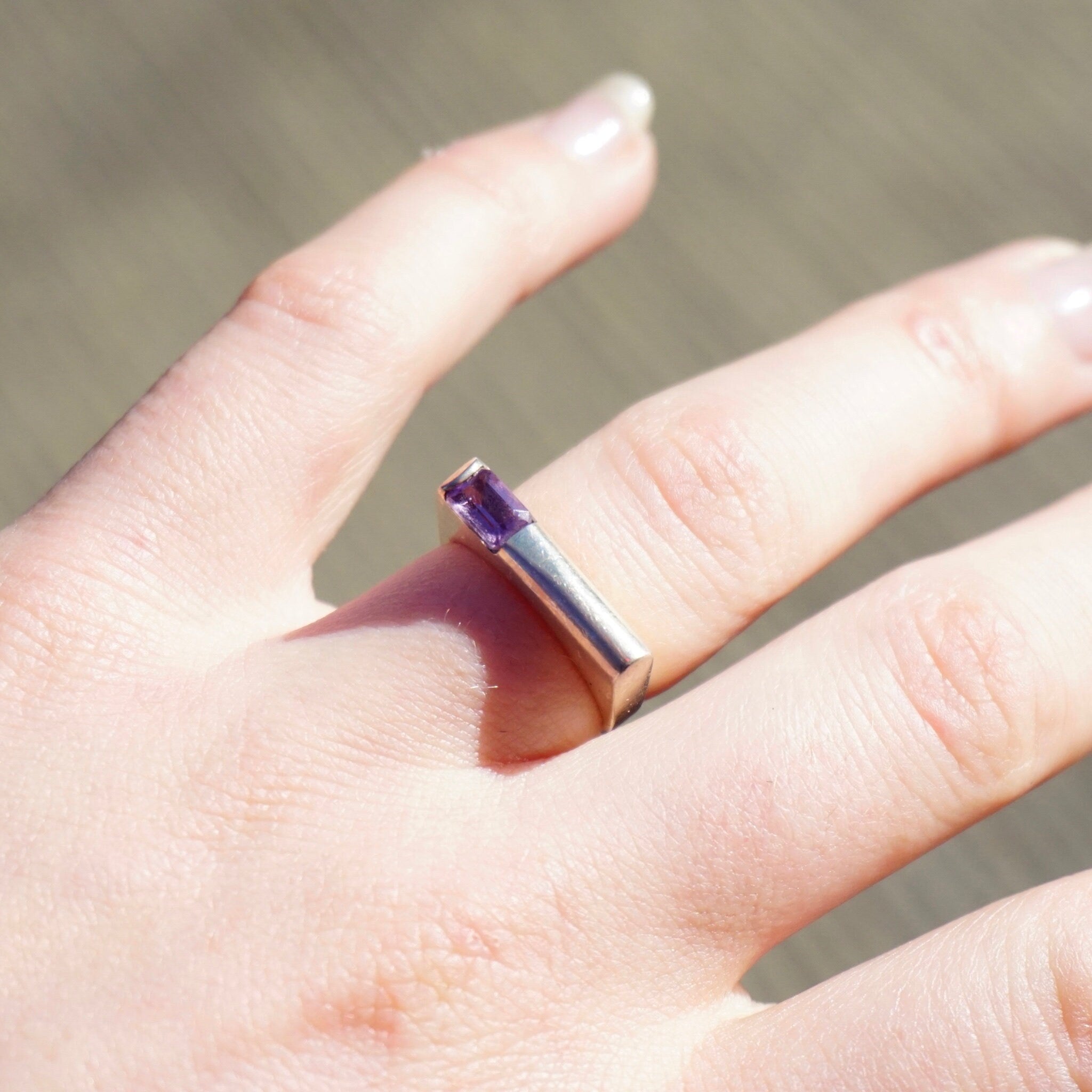 Vintage Sterling Silver Ring With Offset Gem, Modern Square Ring With Purple Stone, Unique Silver Ring With Emerald Cut Glass, 925 Jewelry
