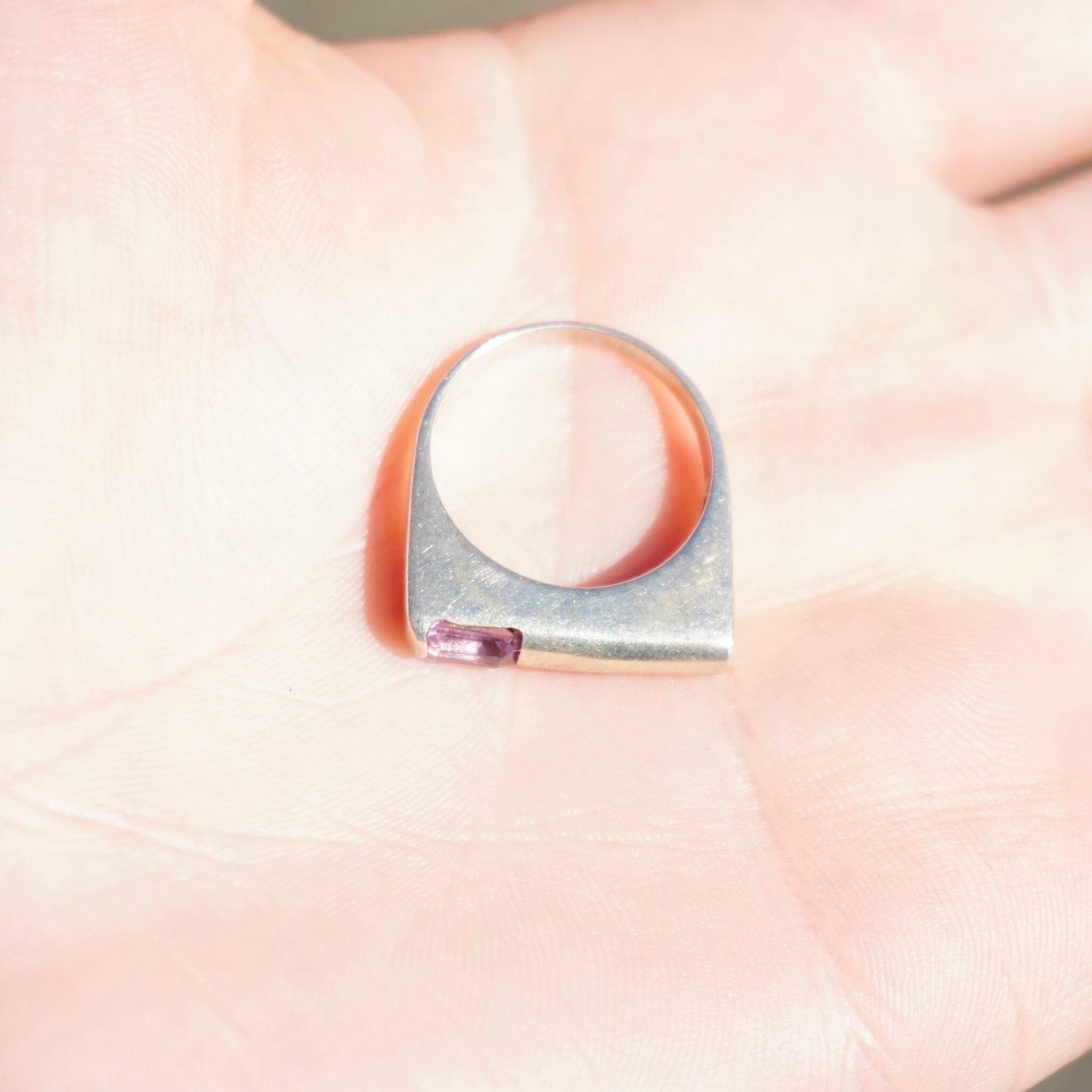 Vintage Sterling Silver Ring With Offset Gem, Modern Square Ring With Purple Stone, Unique Silver Ring With Emerald Cut Glass, 925 Jewelry