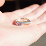 Vintage Sterling Silver Ring With Offset Gem, Modern Square Ring With Purple Stone, Unique Silver Ring With Emerald Cut Glass, 925 Jewelry