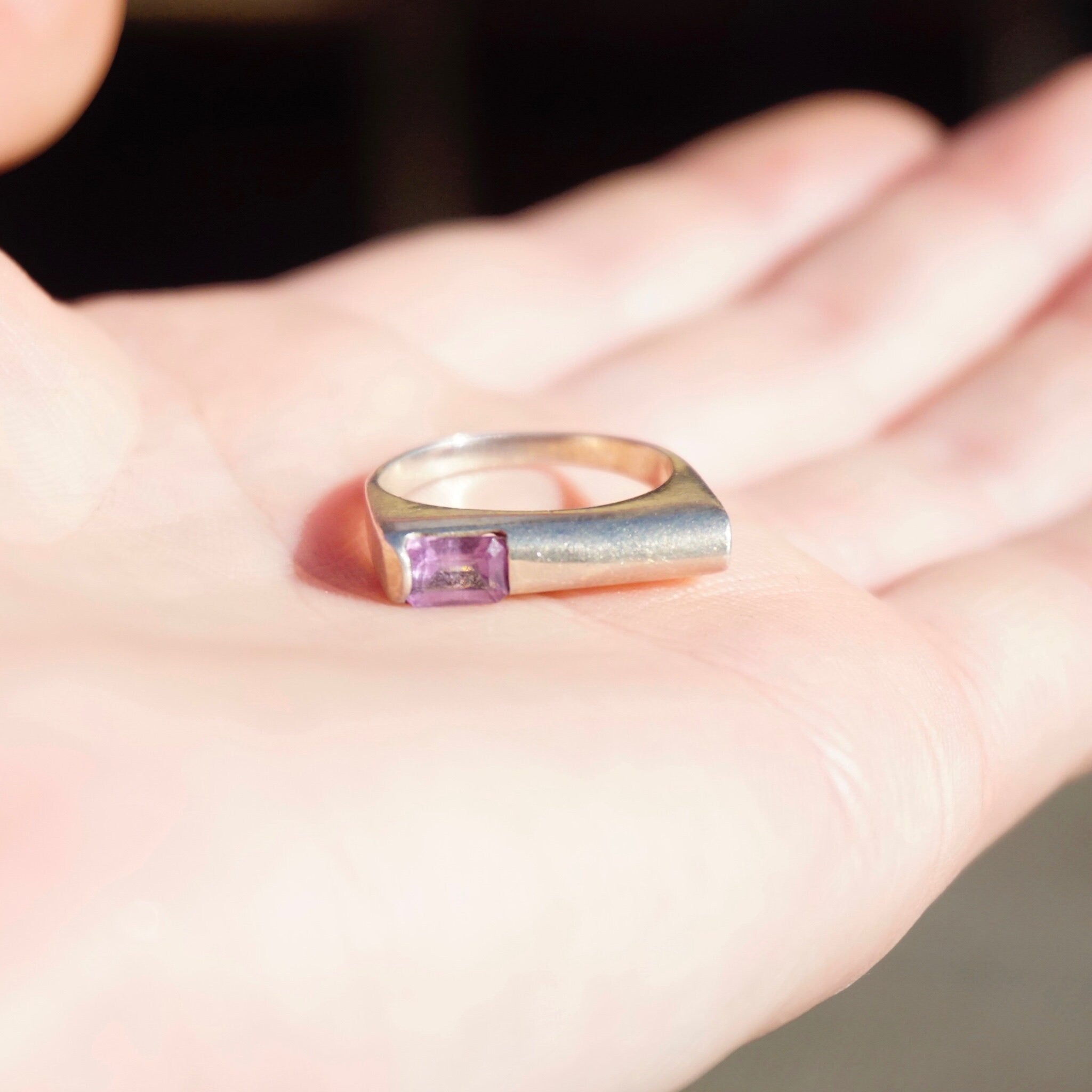 Vintage Sterling Silver Ring With Offset Gem, Modern Square Ring With Purple Stone, Unique Silver Ring With Emerald Cut Glass, 925 Jewelry