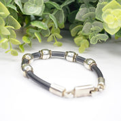 Vintage Sterling Silver and Leather Bracelet, TAXCO 925 Silver Bead Bracelet, Modernist Leather and Silver Bracelet, 925 Jewelry