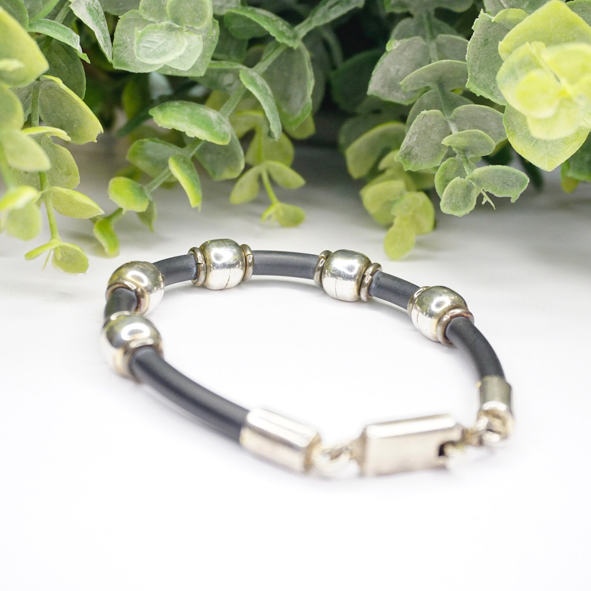 Vintage Sterling Silver and Leather Bracelet, TAXCO 925 Silver Bead Bracelet, Modernist Leather and Silver Bracelet, 925 Jewelry