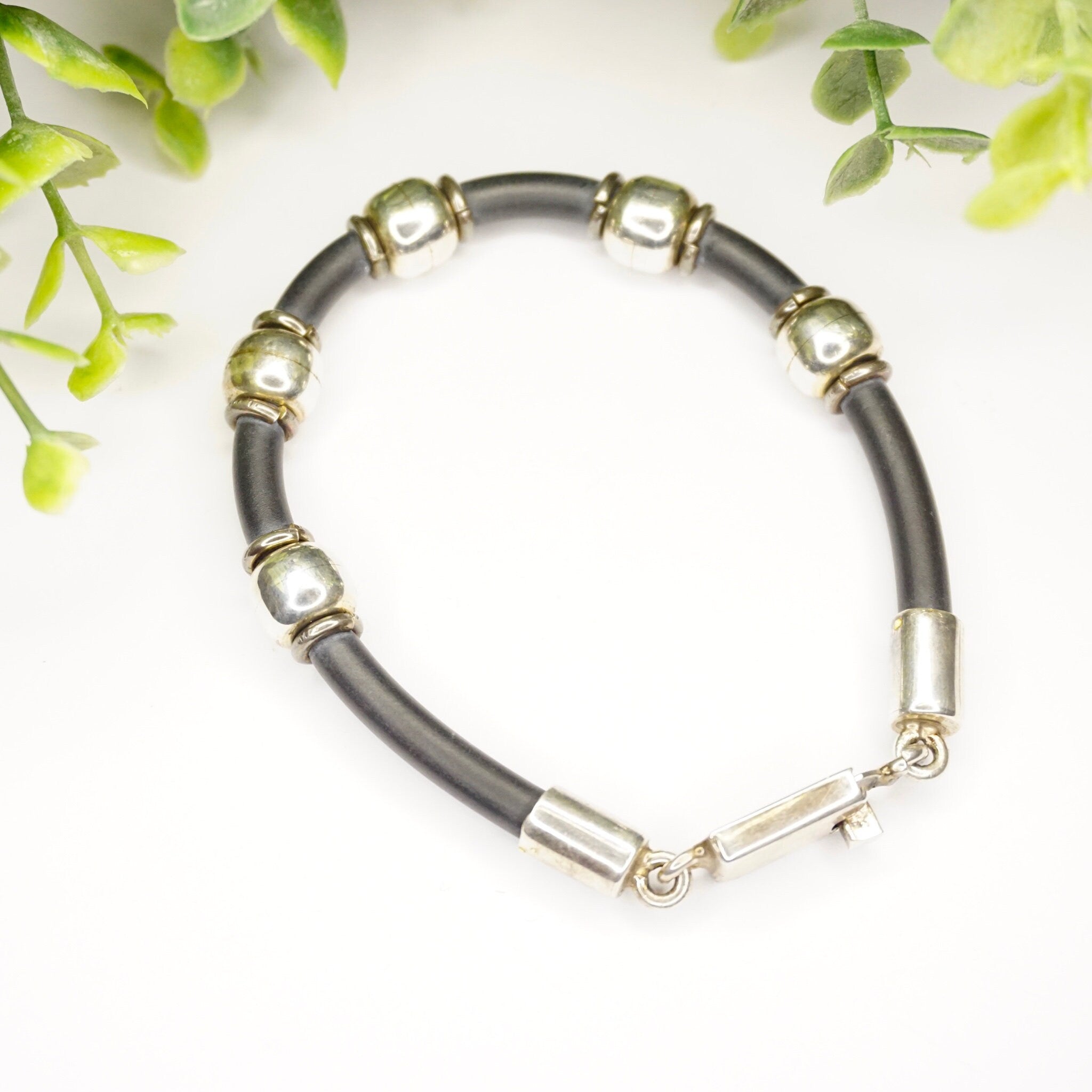 Vintage Sterling Silver and Leather Bracelet, TAXCO 925 Silver Bead Bracelet, Modernist Leather and Silver Bracelet, 925 Jewelry