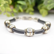 Vintage Sterling Silver and Leather Bracelet, TAXCO 925 Silver Bead Bracelet, Modernist Leather and Silver Bracelet, 925 Jewelry