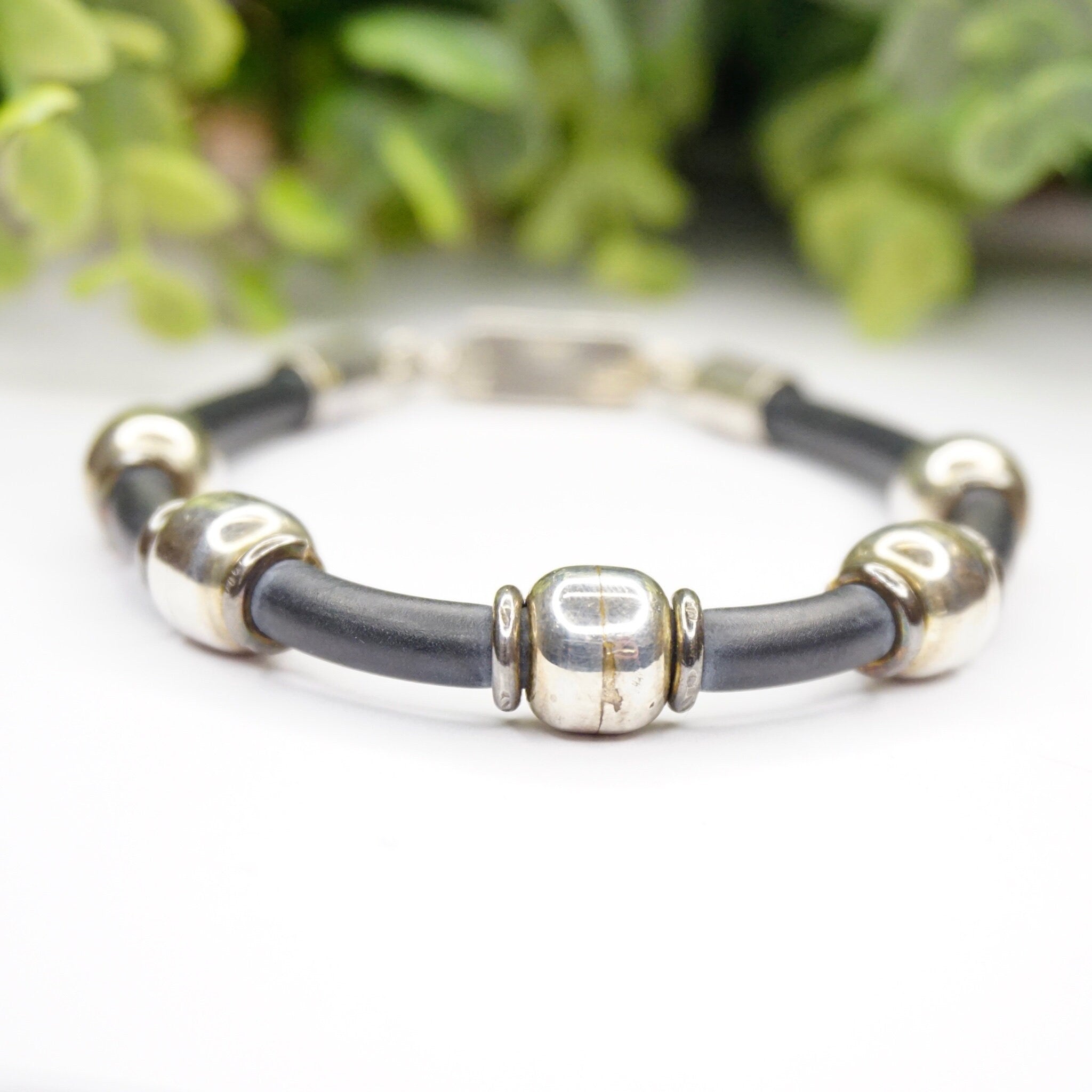 Vintage Sterling Silver and Leather Bracelet, TAXCO 925 Silver Bead Bracelet, Modernist Leather and Silver Bracelet, 925 Jewelry