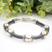 Vintage Sterling Silver and Leather Bracelet, TAXCO 925 Silver Bead Bracelet, Modernist Leather and Silver Bracelet, 925 Jewelry