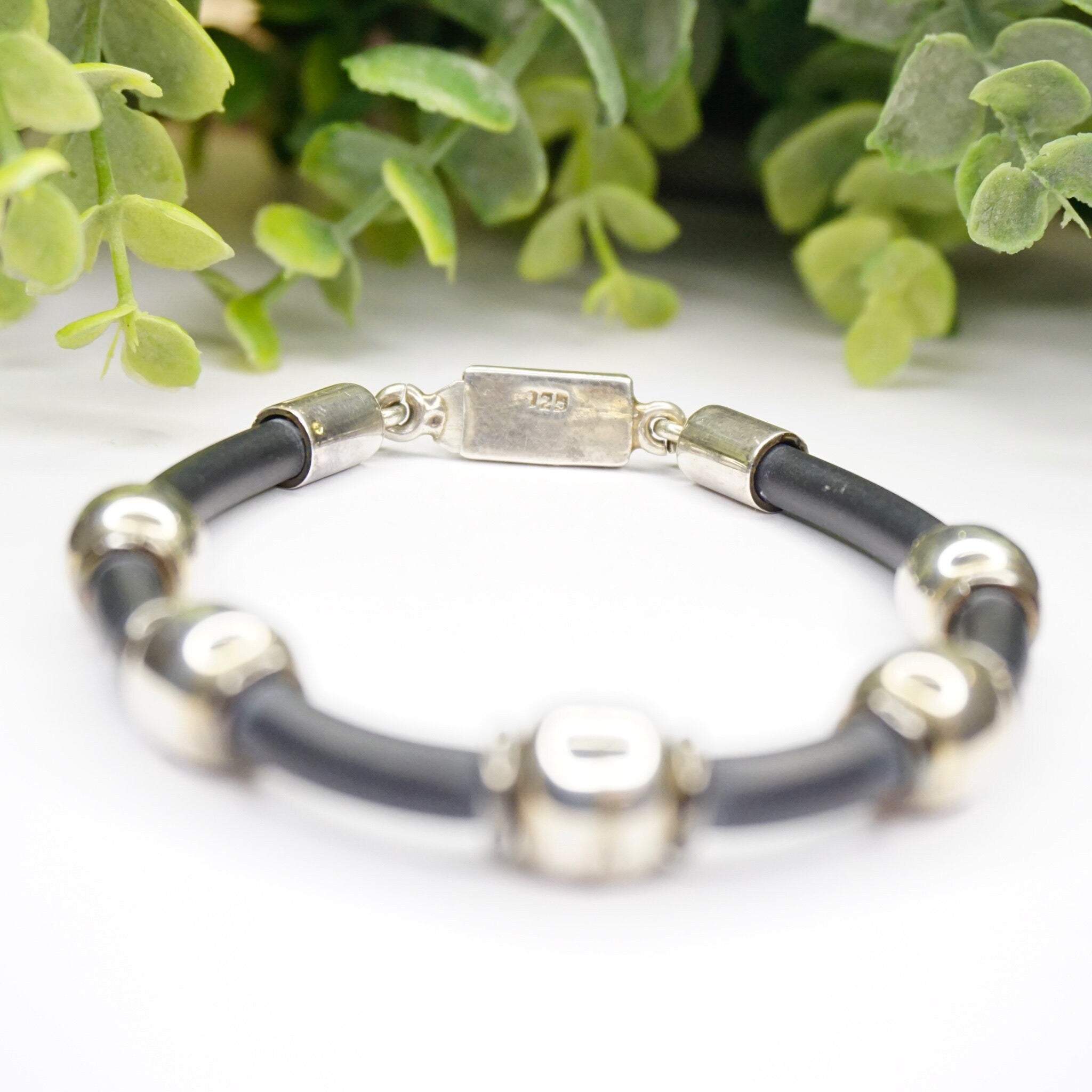 Vintage Sterling Silver and Leather Bracelet, TAXCO 925 Silver Bead Bracelet, Modernist Leather and Silver Bracelet, 925 Jewelry