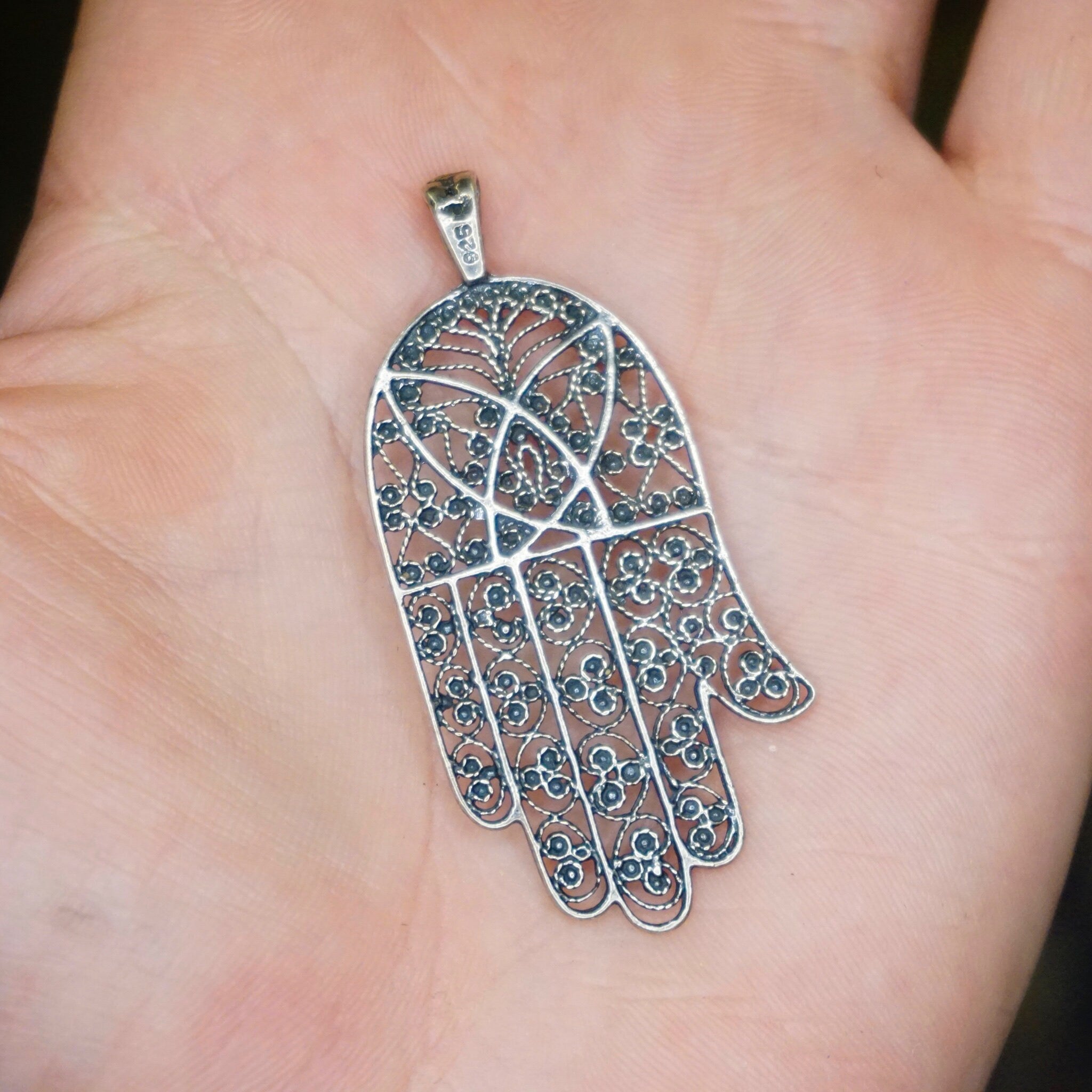 Vintage Sterling Silver Filigree Hamsa Hand Pendant, Detailed Silver Hand Pendant, Protective Talisman Pendant, Made In Israel, 925 Jewelry